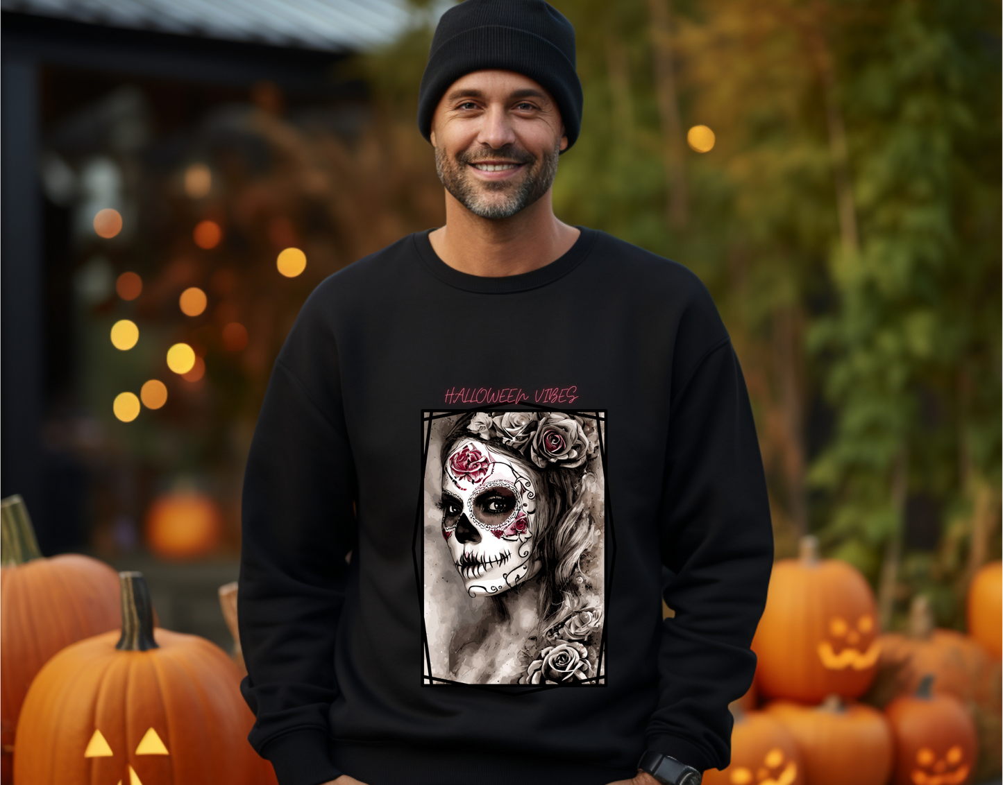 Explore our bewitching collection of Halloween sweatshirts, showcasing the mysterious allure of a Sugar-masked, Goth-style witch on the front.