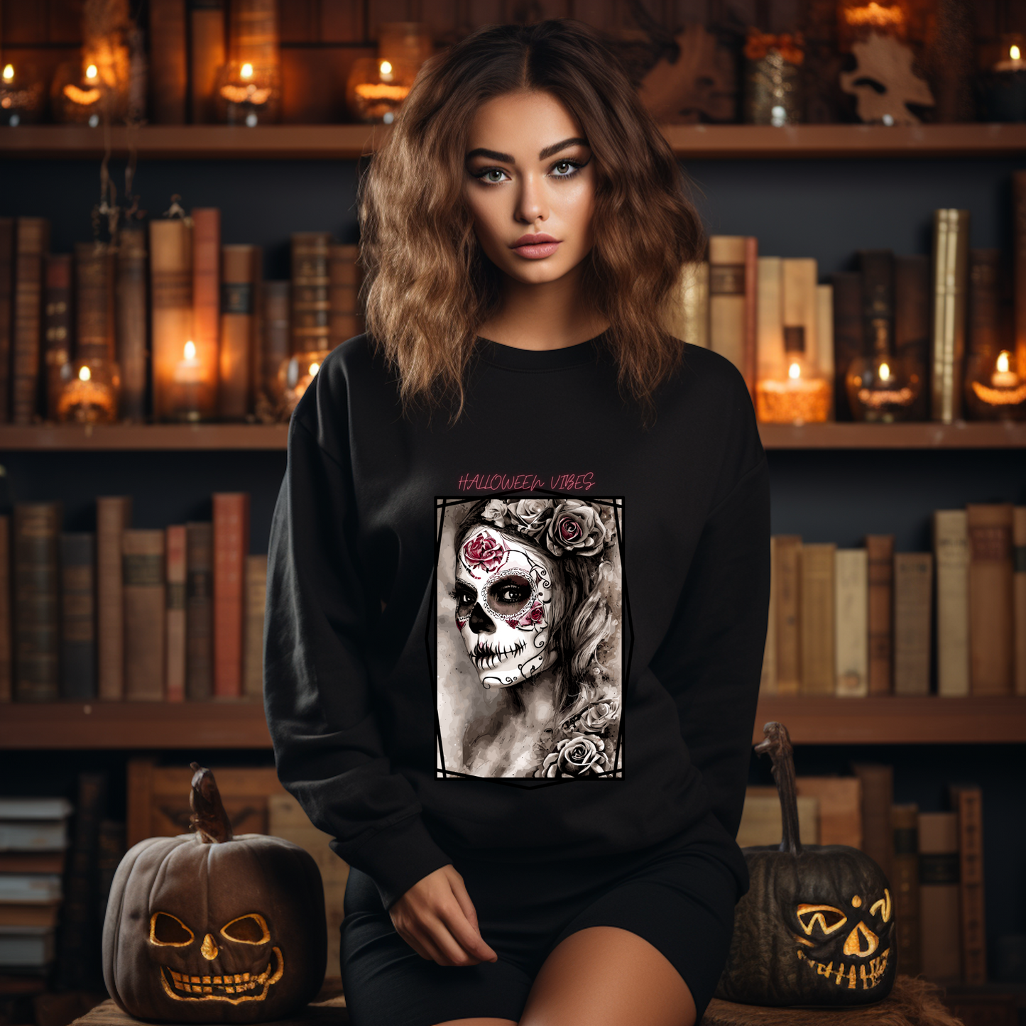 Explore our bewitching collection of Halloween sweatshirts, showcasing the mysterious allure of a Sugar-masked, Goth-style witch on the front.