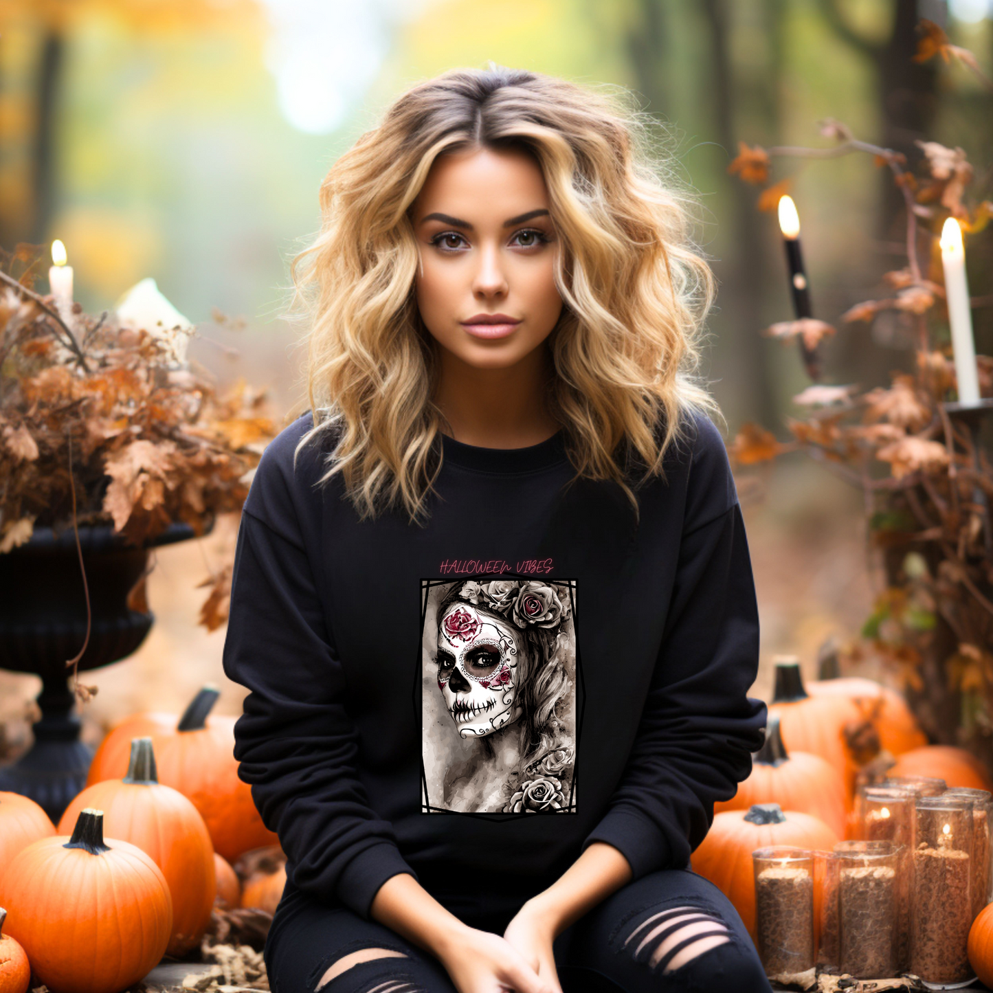 Explore our bewitching collection of Halloween sweatshirts, showcasing the mysterious allure of a Sugar-masked, Goth-style witch on the front.