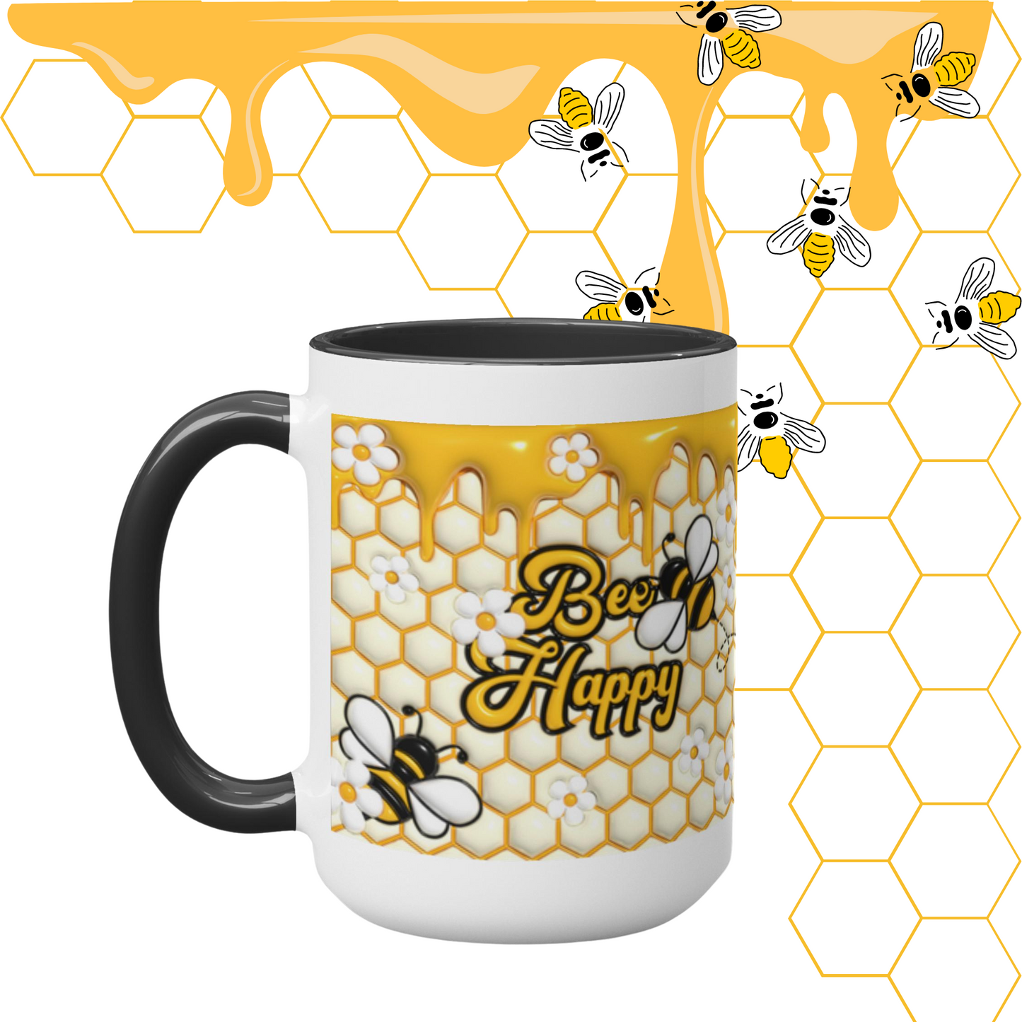 Buzzing with Inspiration: Inflated Bee-Themed Inspirational Mugs – “Bee Happy”