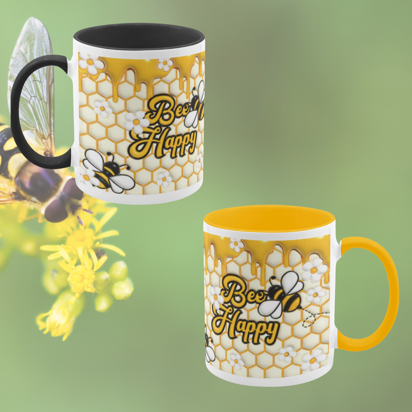 Buzzing with Inspiration: Inflated Bee-Themed Inspirational Mugs – “Bee Happy”