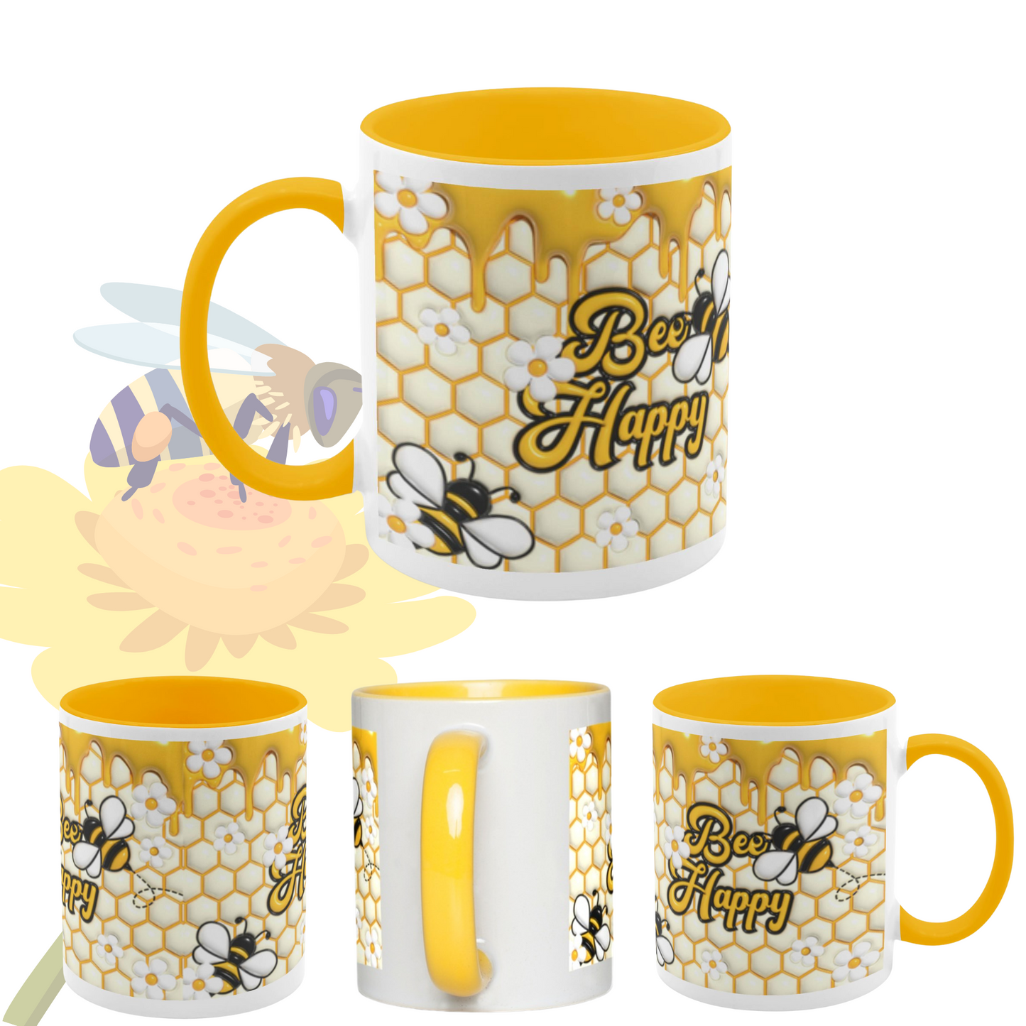 Buzzing with Inspiration: Inflated Bee-Themed Inspirational Mugs – “Bee Happy”