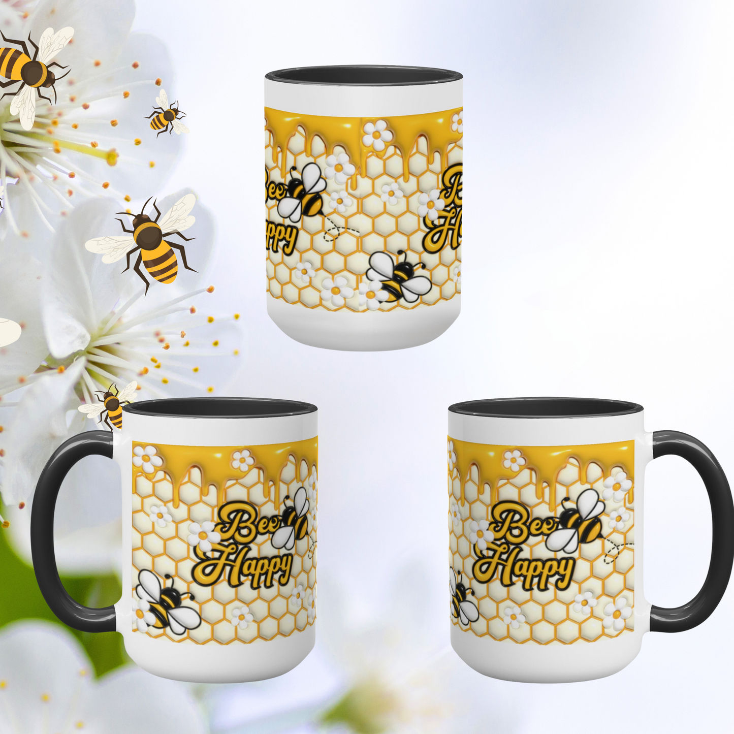 Buzzing with Inspiration: Inflated Bee-Themed Inspirational Mugs – “Bee Happy”