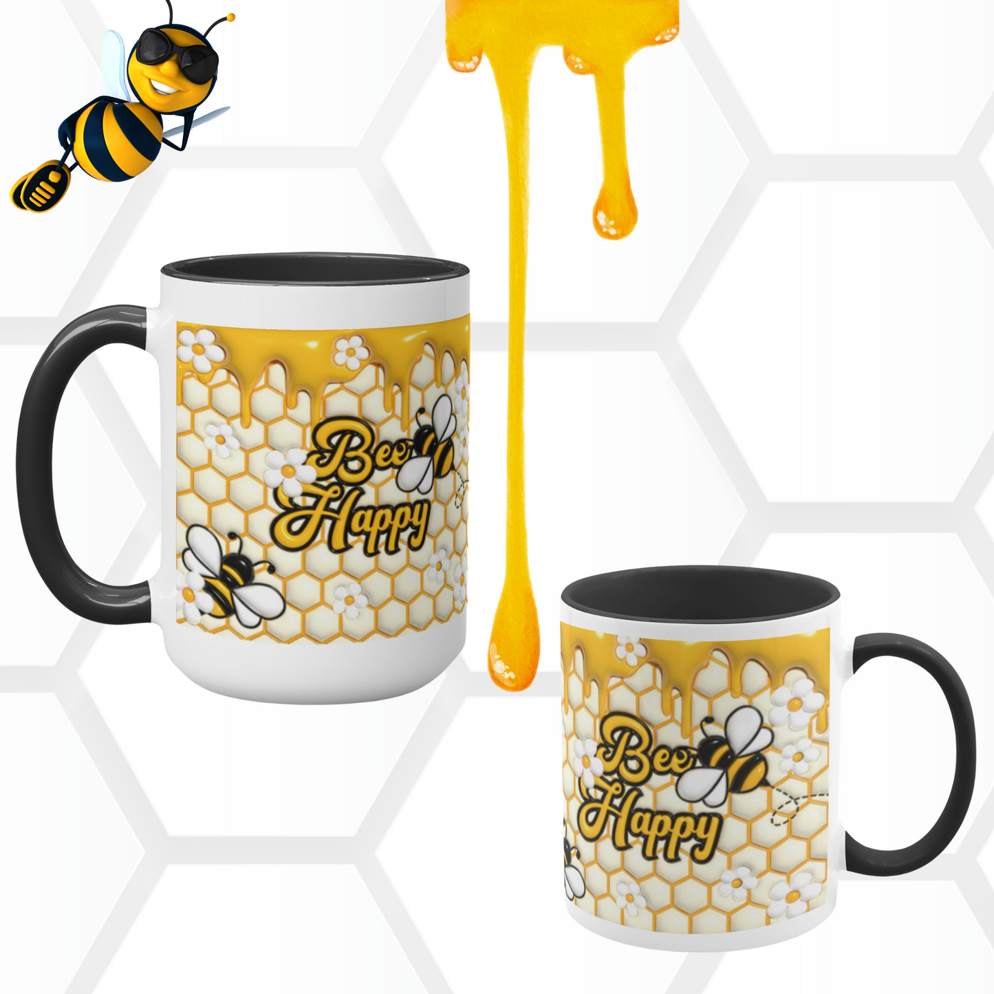 Buzzing with Inspiration: Inflated Bee-Themed Inspirational Mugs – “Bee Happy”