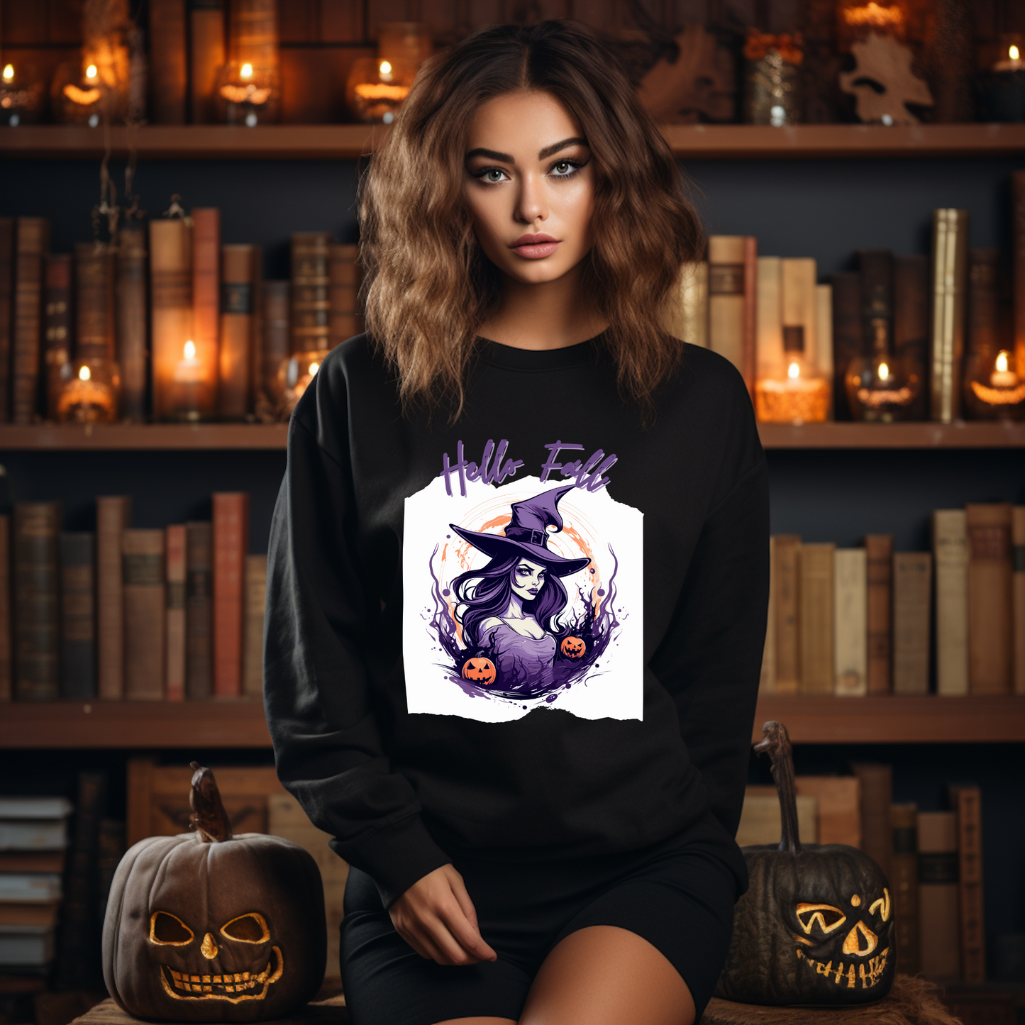 Explore our bewitching collection of Halloween sweatshirts, showcasing the mysterious allure of a witch on the front.