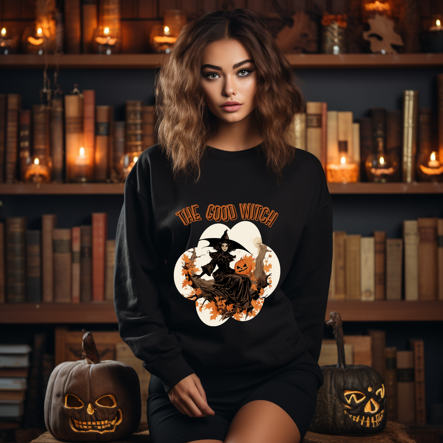 Explore our bewitching collection of Halloween sweatshirts, showcasing the mysterious allure of a witch on the front.