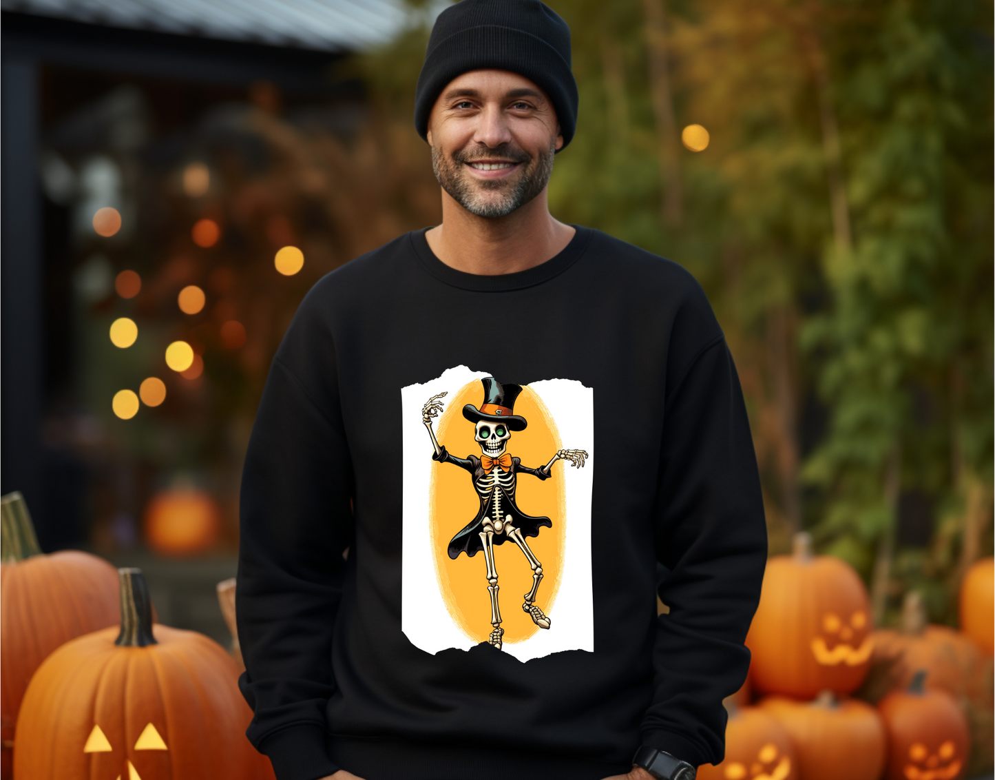 Explore our bewitching collection of Halloween sweatshirts, showcasing the mysterious allure of a dancing skeleton on the front.