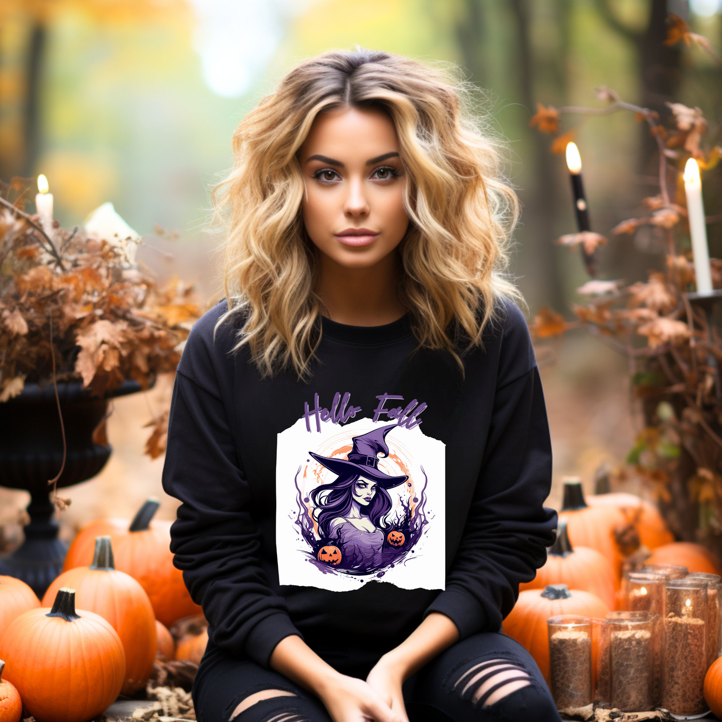Explore our bewitching collection of Halloween sweatshirts, showcasing the mysterious allure of a witch on the front.