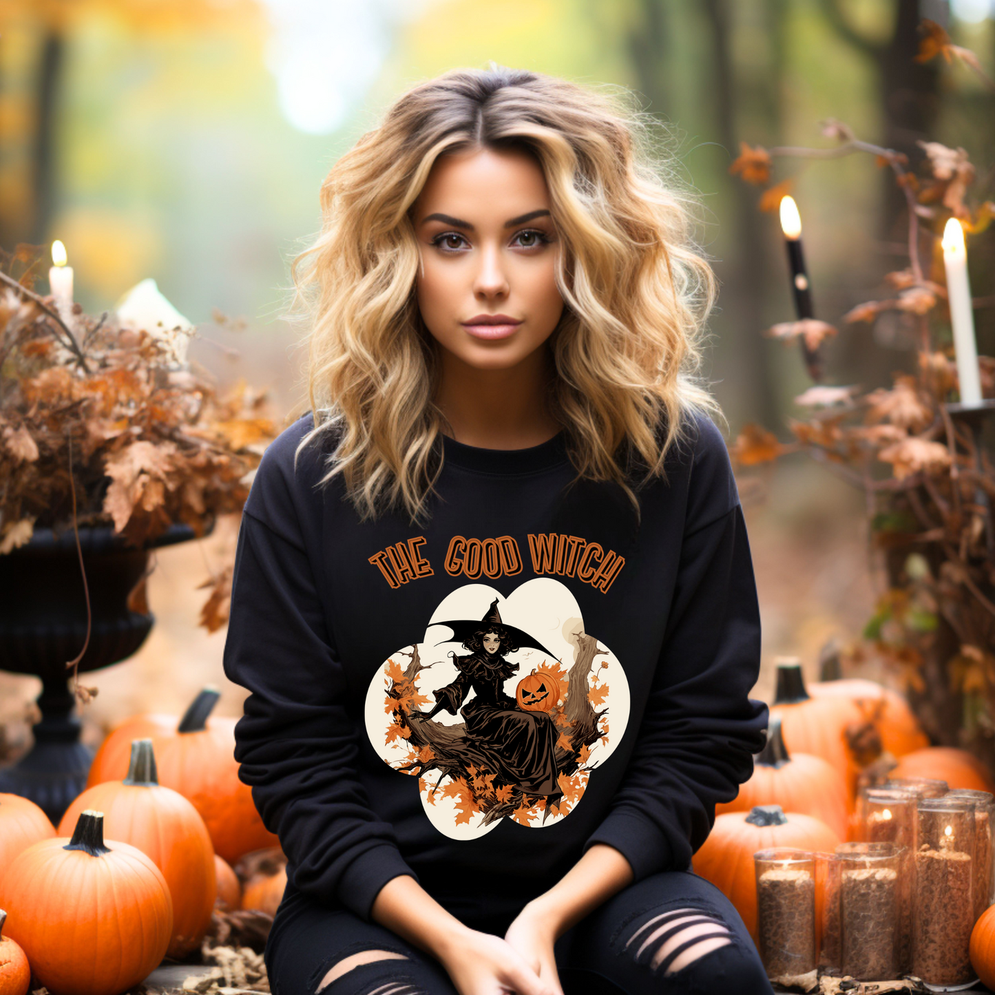Explore our bewitching collection of Halloween sweatshirts, showcasing the mysterious allure of a witch on the front.