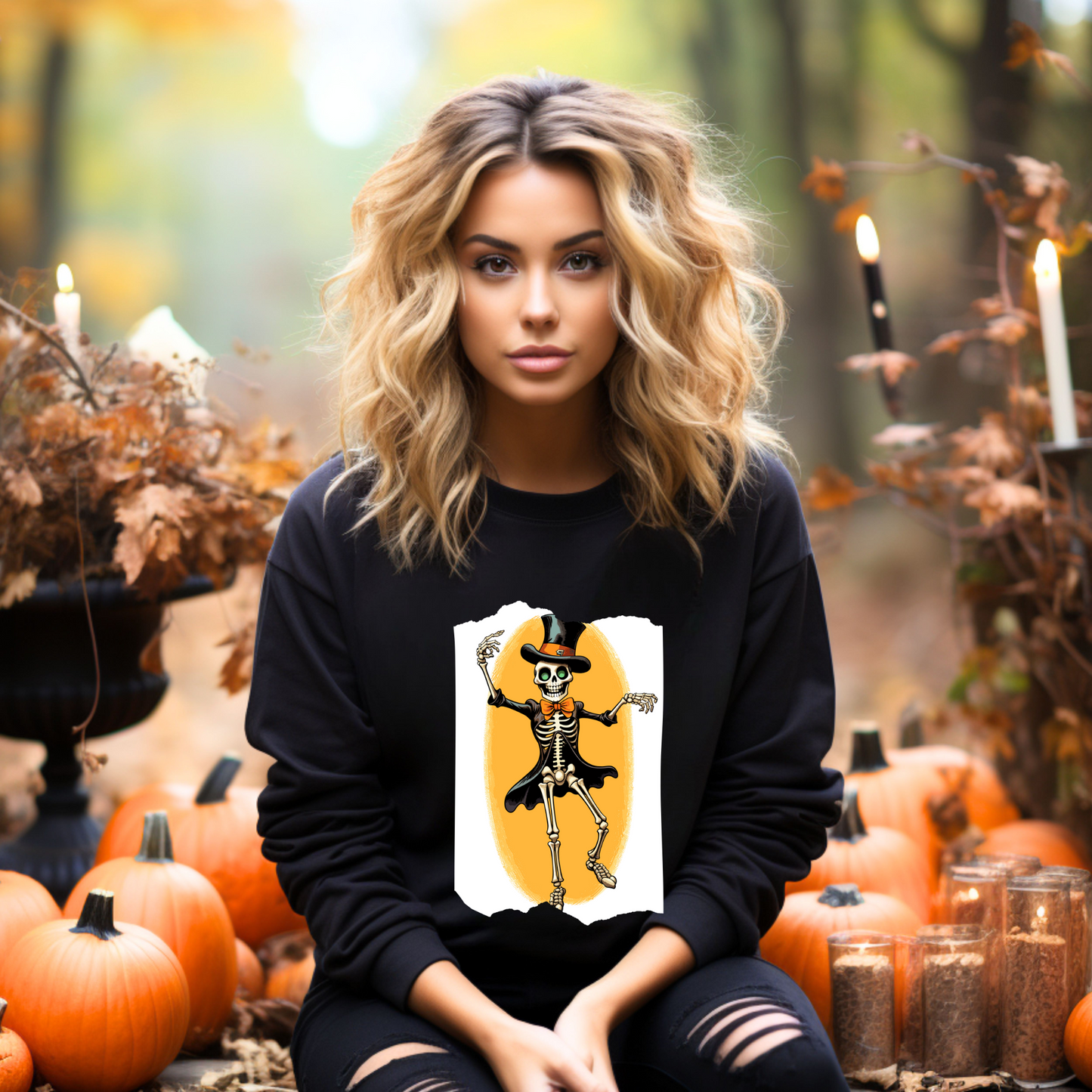 Explore our bewitching collection of Halloween sweatshirts, showcasing the mysterious allure of a dancing skeleton on the front.