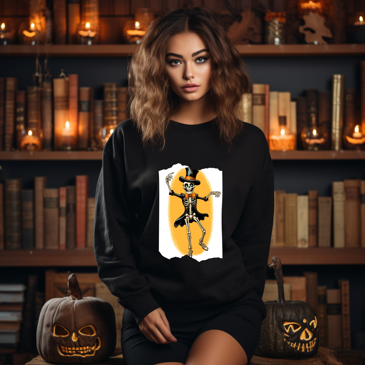 Explore our bewitching collection of Halloween sweatshirts, showcasing the mysterious allure of a dancing skeleton on the front.