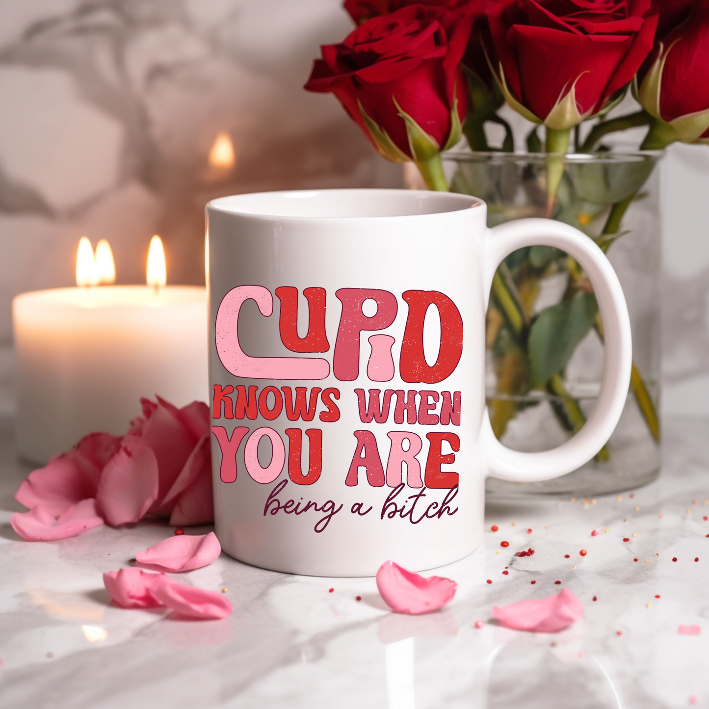 Cupid's Wit: Groovy Valentine's Mug – 11oz & 15oz sizes, dishwasher & microwave-safe. Start your day with humor in every sip!