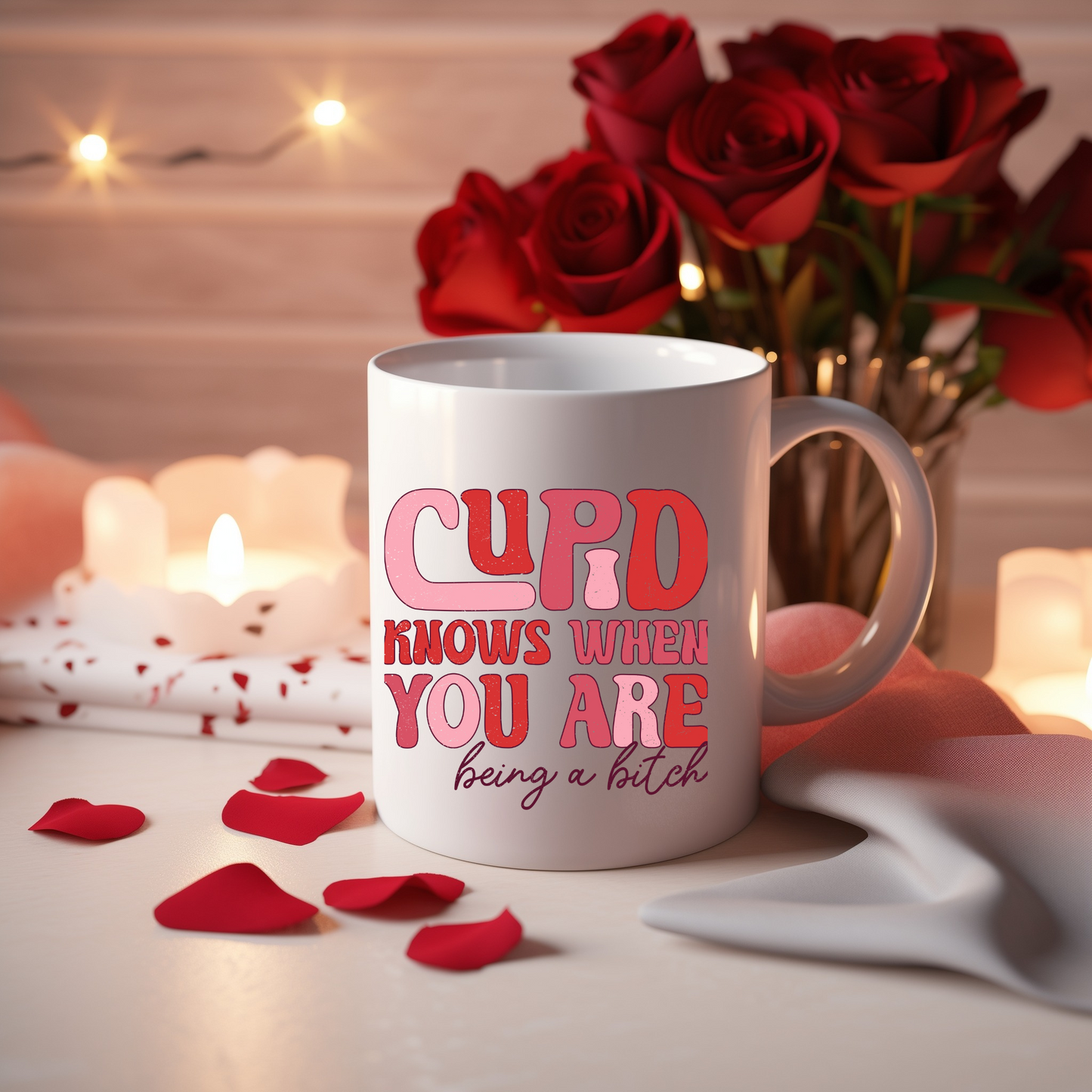 Cupid's Wit: Groovy Valentine's Mug – 11oz & 15oz sizes, dishwasher & microwave-safe. Start your day with humor in every sip!