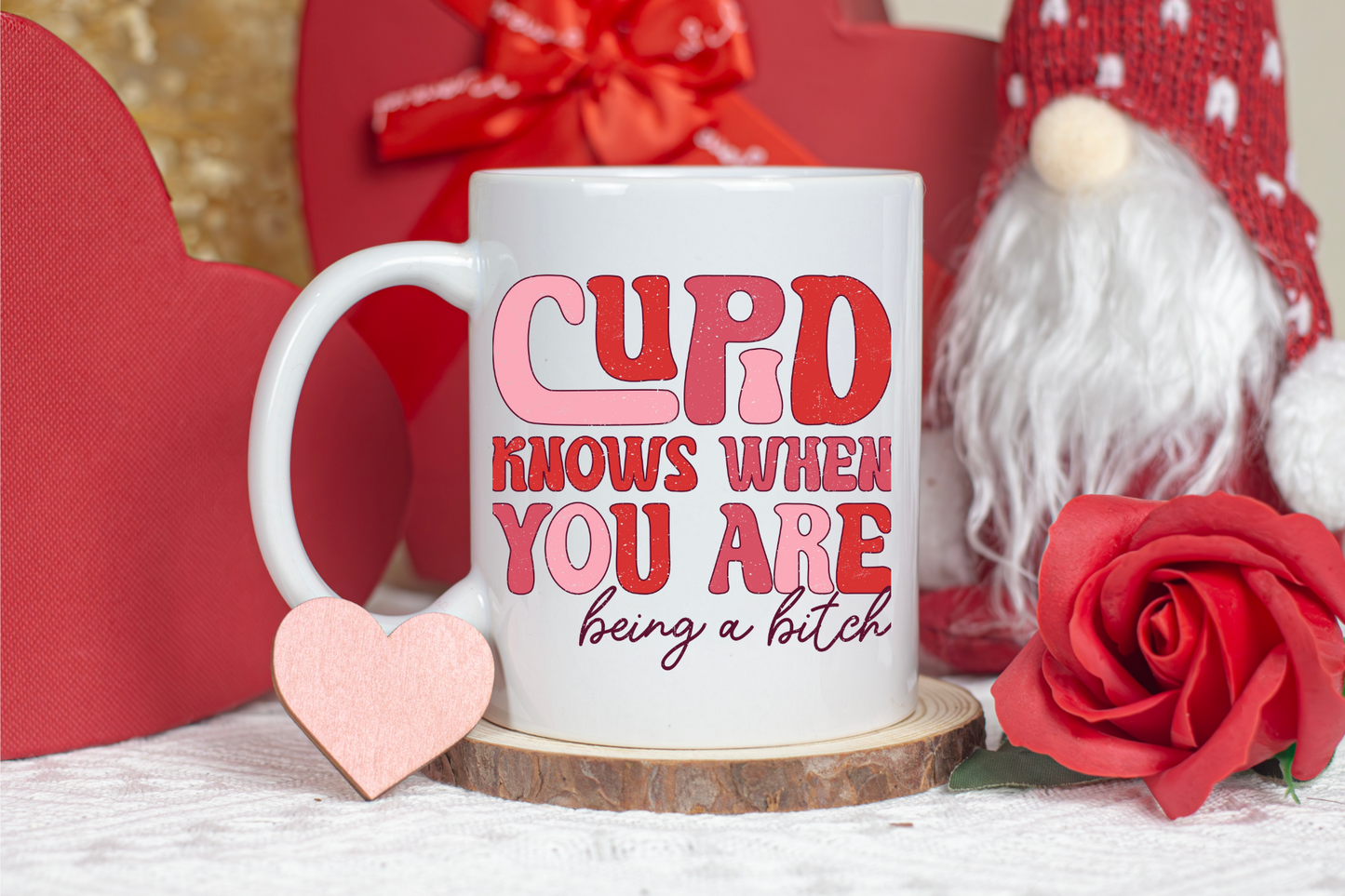 Cupid's Wit: Groovy Valentine's Mug – 11oz & 15oz sizes, dishwasher & microwave-safe. Start your day with humor in every sip!