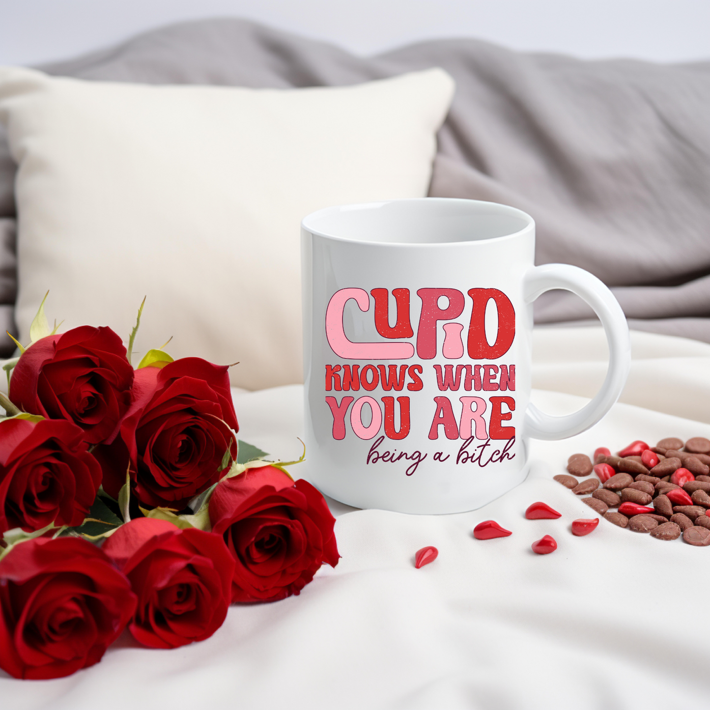 Cupid's Wit: Groovy Valentine's Mug – 11oz & 15oz sizes, dishwasher & microwave-safe. Start your day with humor in every sip!