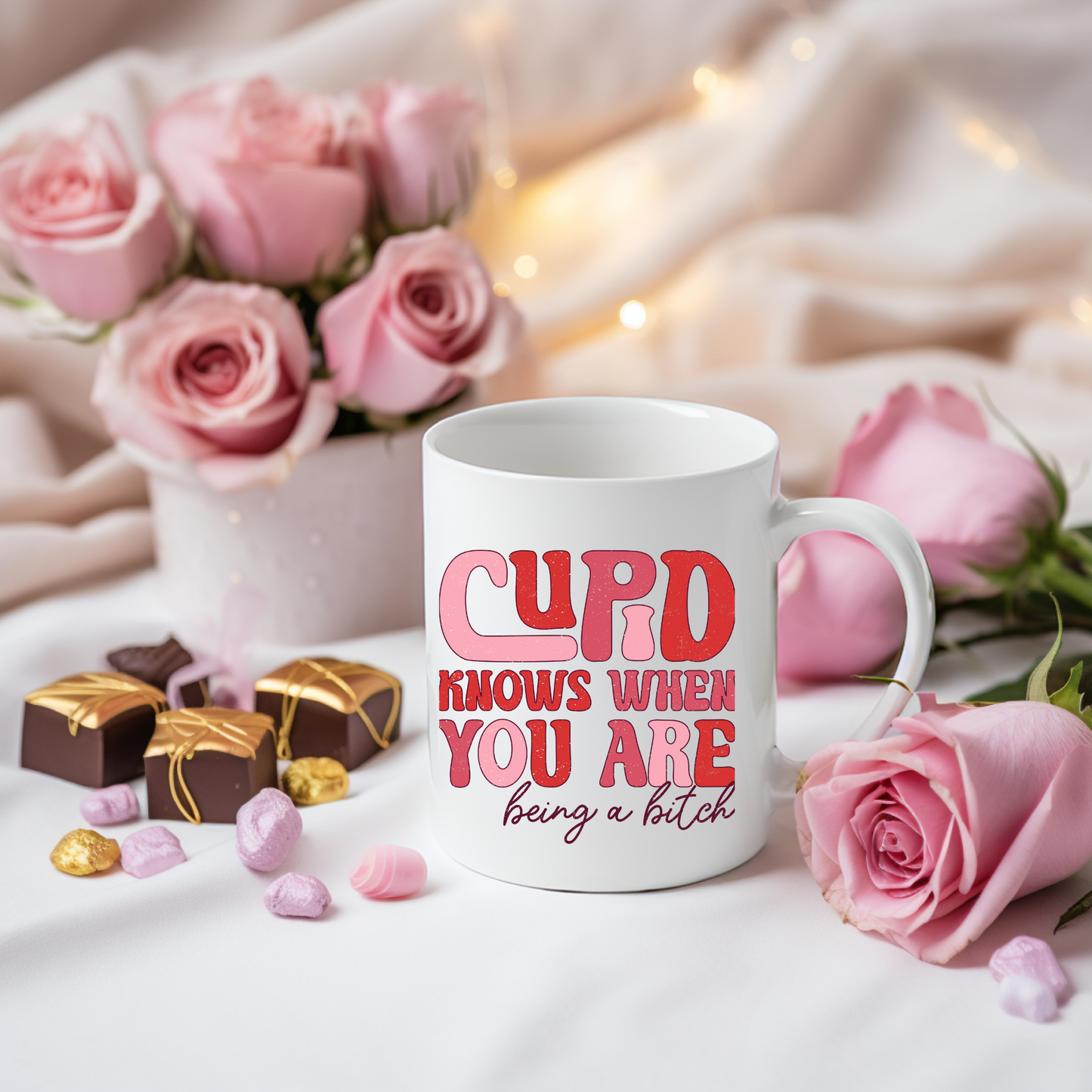 Cupid's Wit: Groovy Valentine's Mug – 11oz & 15oz sizes, dishwasher & microwave-safe. Start your day with humor in every sip!