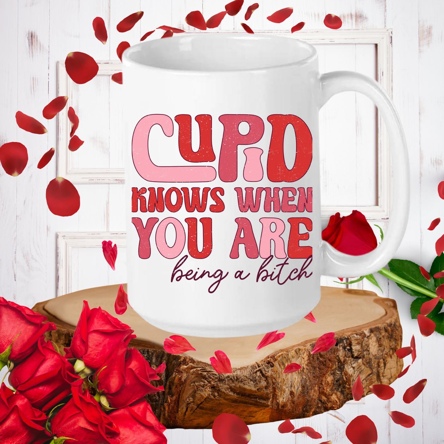 Cupid's Wit: Groovy Valentine's Mug – 11oz & 15oz sizes, dishwasher & microwave-safe. Start your day with humor in every sip!