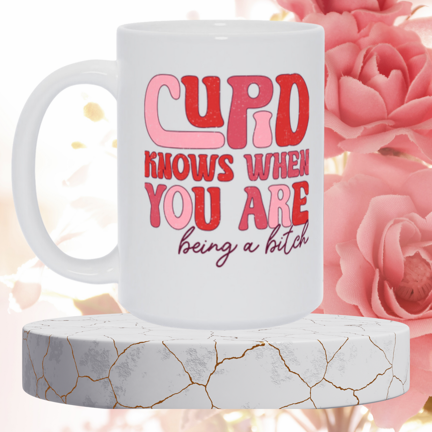 Cupid's Wit: Groovy Valentine's Mug – 11oz & 15oz sizes, dishwasher & microwave-safe. Start your day with humor in every sip!