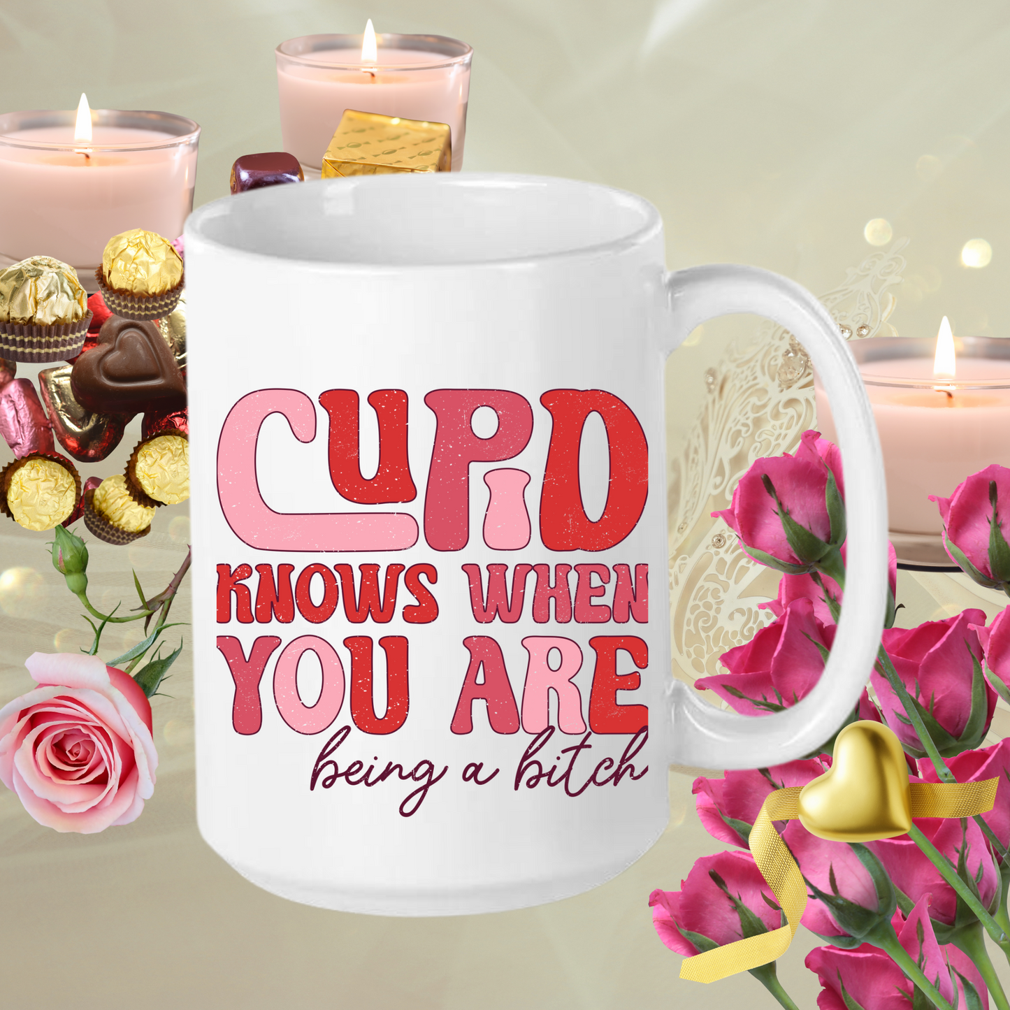 Cupid's Wit: Groovy Valentine's Mug – 11oz & 15oz sizes, dishwasher & microwave-safe. Start your day with humor in every sip!