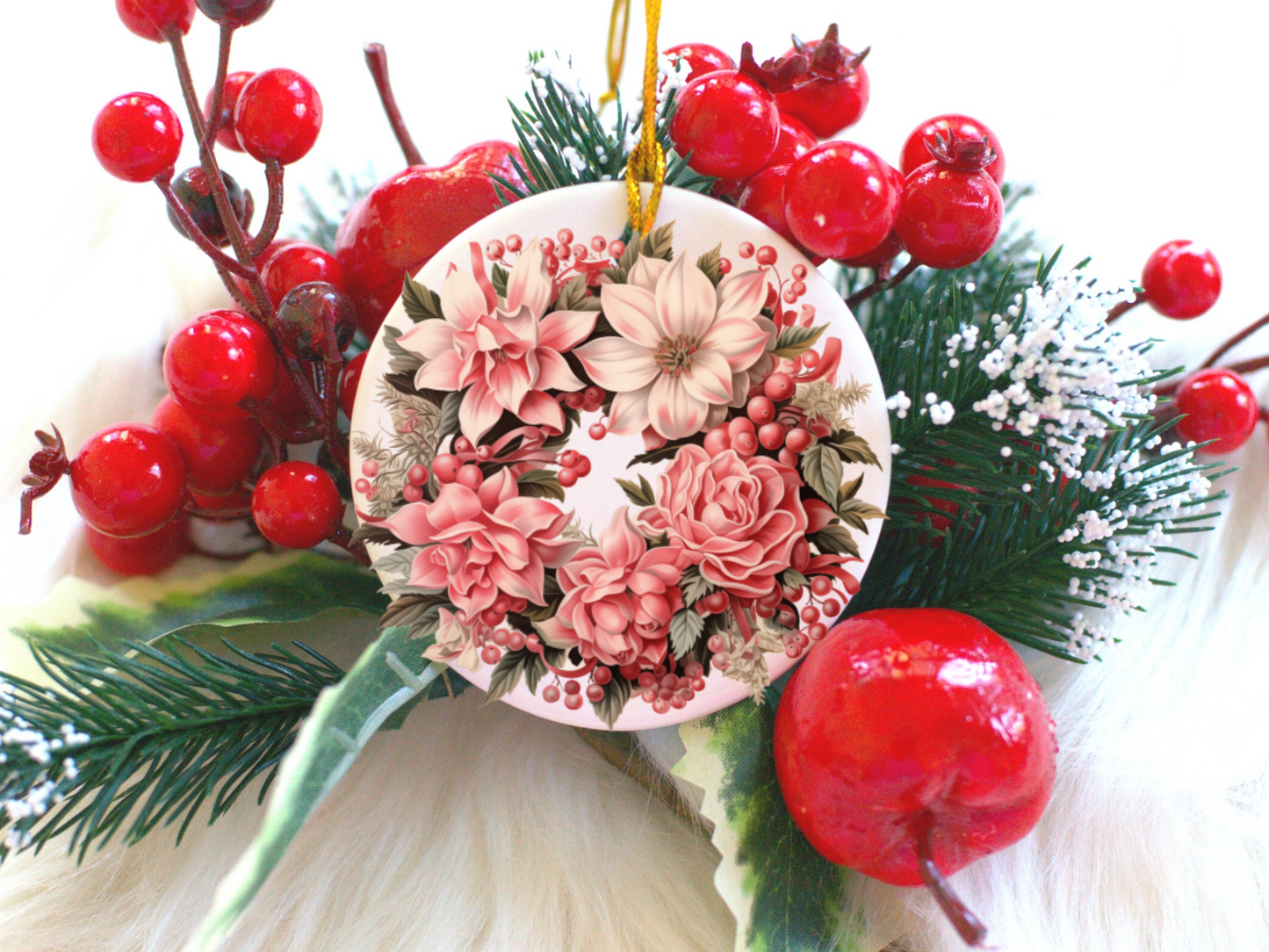 Radiant 3D Porcelain Christmas Wreath Ornament: Elegance in Every Detail for Your Holiday Joy!