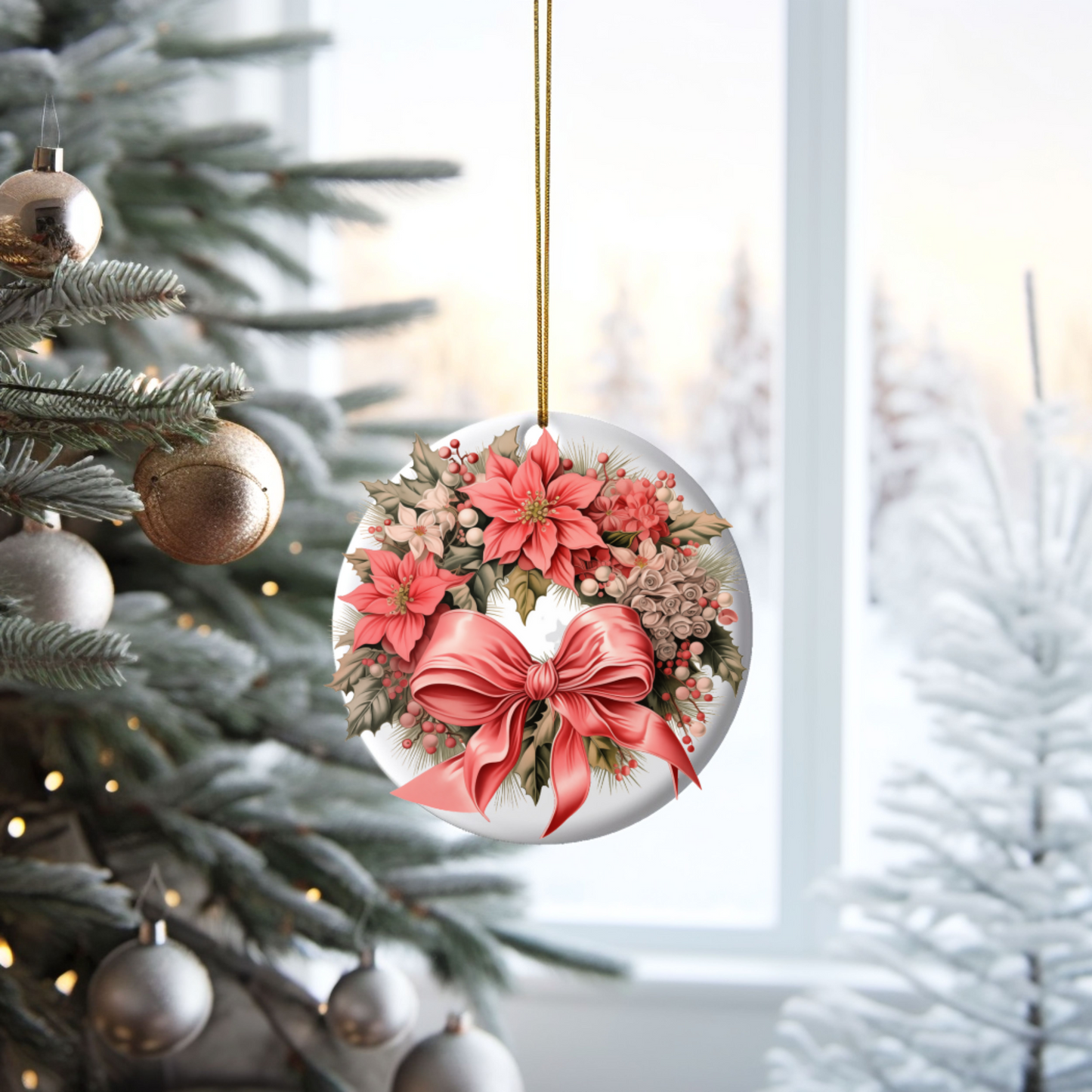 Radiant 3D Porcelain Christmas Wreath Ornament: Elegance in Every Detail for Your Holiday Joy!