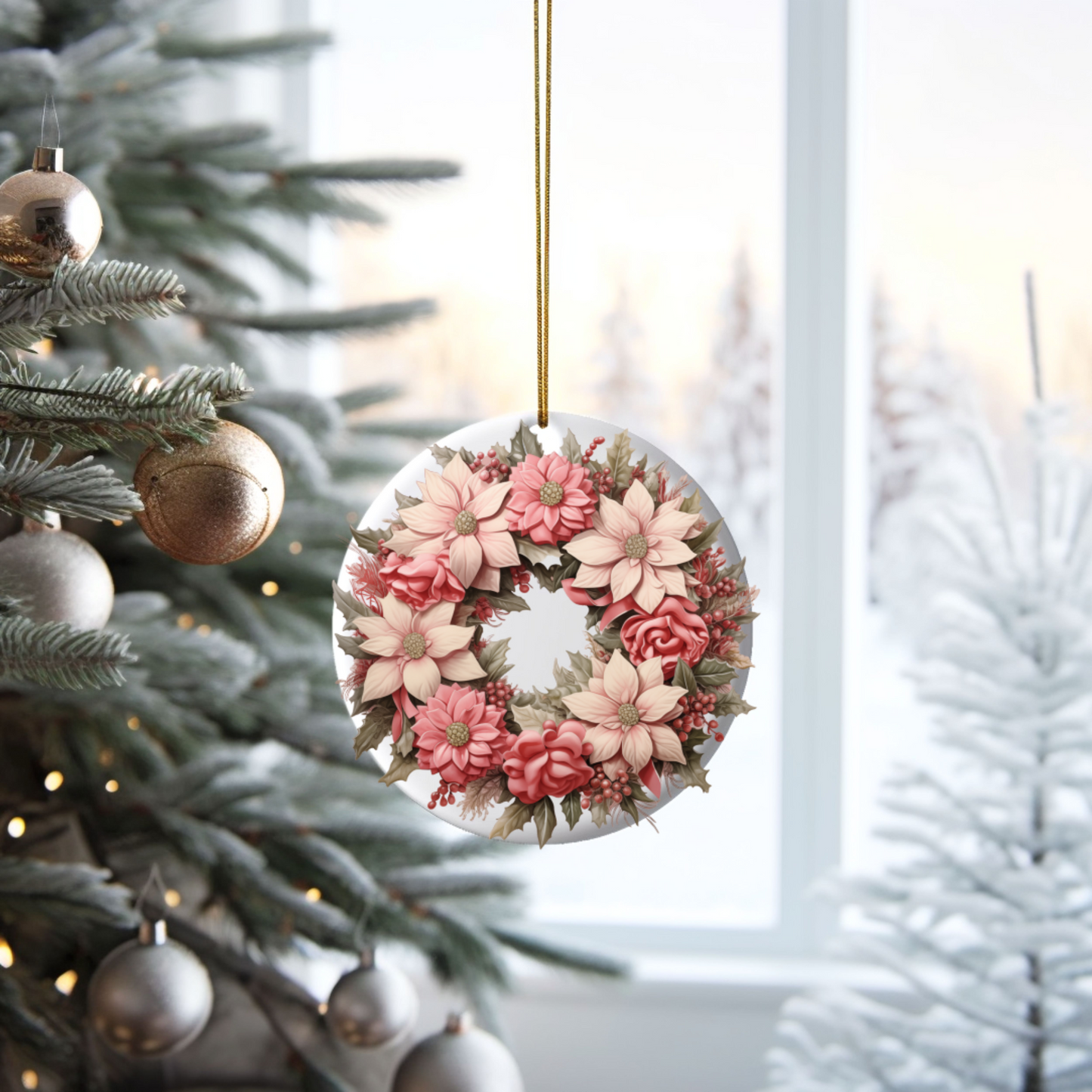 Radiant 3D Porcelain Christmas Wreath Ornament: Elegance in Every Detail for Your Holiday Joy!