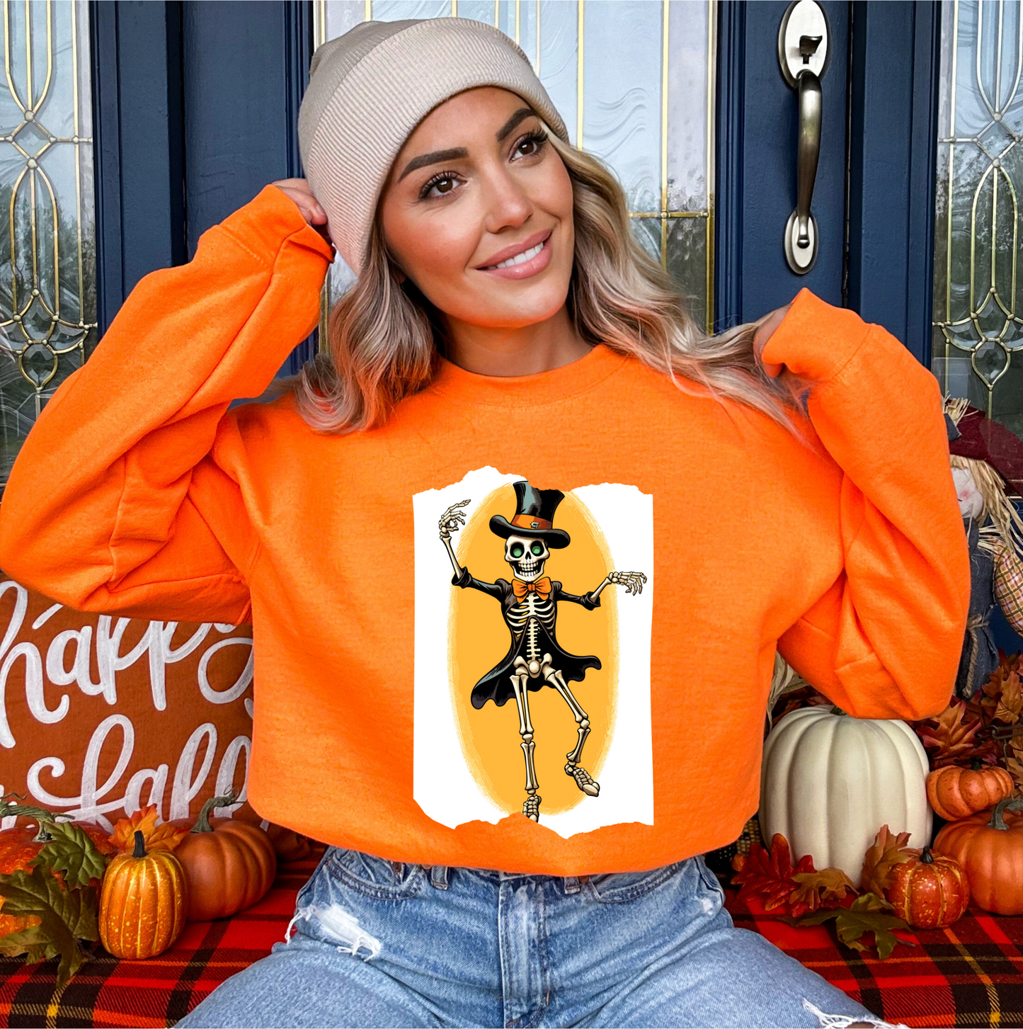 Explore our bewitching collection of Halloween sweatshirts, showcasing the mysterious allure of a dancing skeleton on the front.