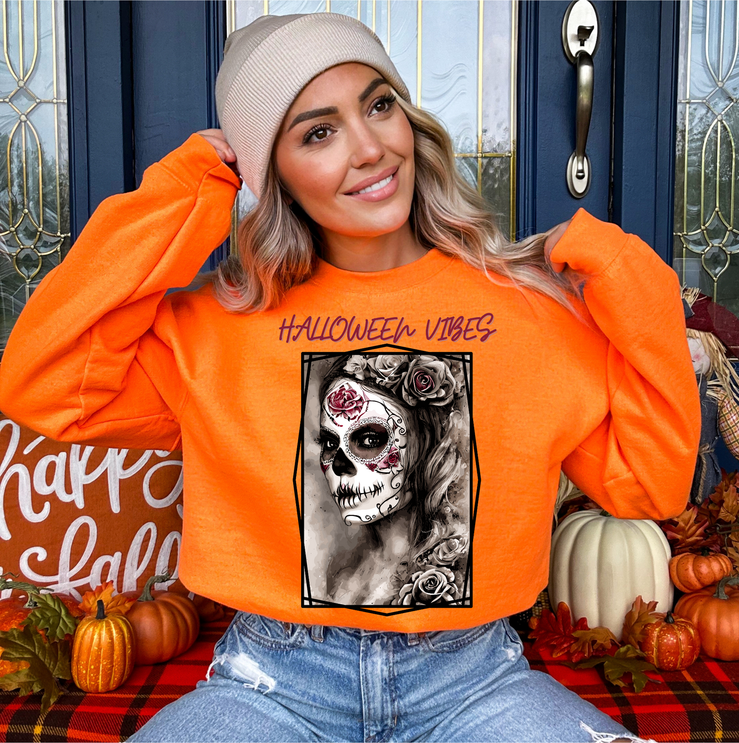 Explore our bewitching collection of Halloween sweatshirts, showcasing the mysterious allure of a Sugar-masked, Goth-style witch on the front.