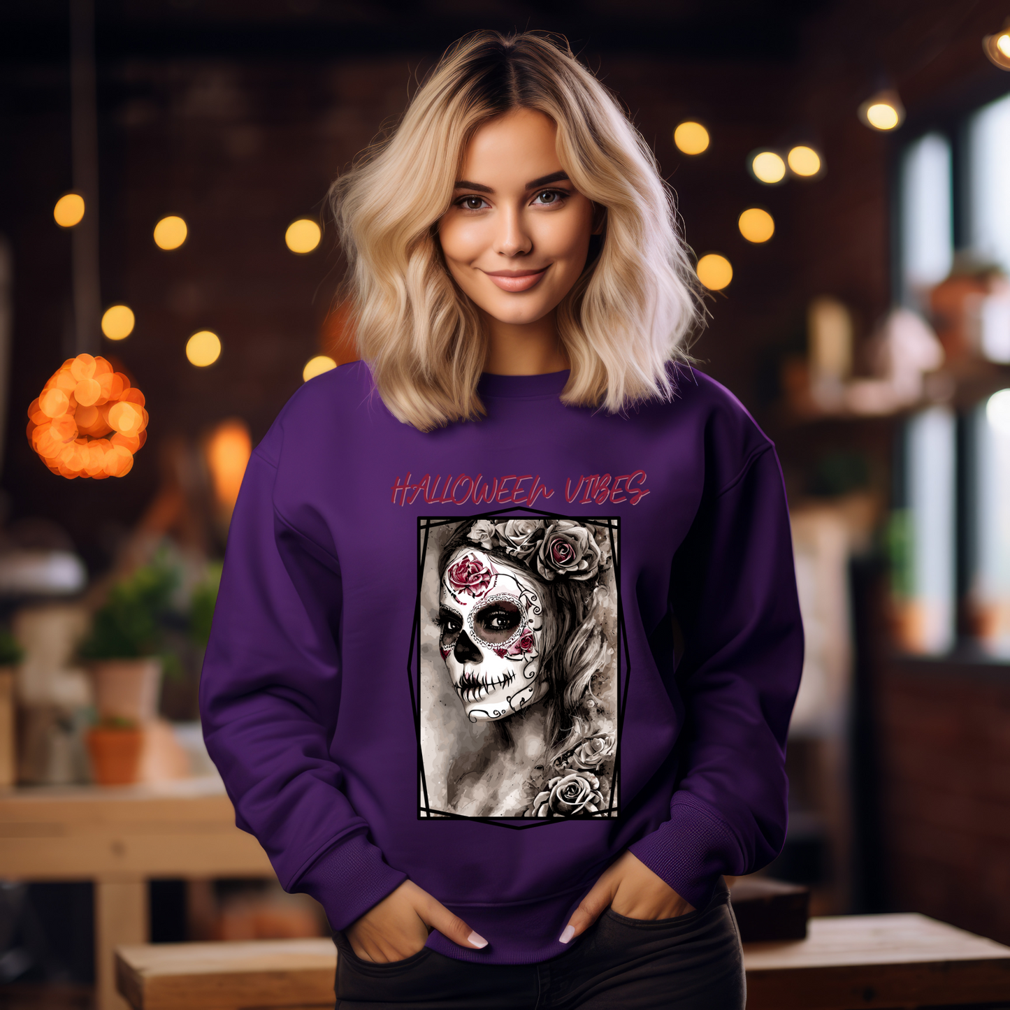 Explore our bewitching collection of Halloween sweatshirts, showcasing the mysterious allure of a Sugar-masked, Goth-style witch on the front.