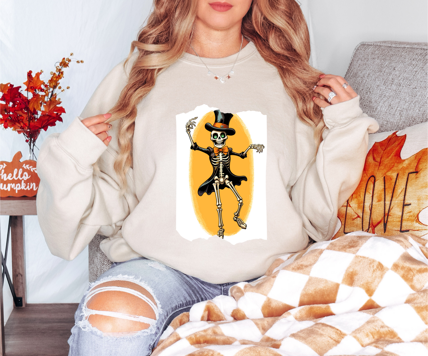 Explore our bewitching collection of Halloween sweatshirts, showcasing the mysterious allure of a dancing skeleton on the front.