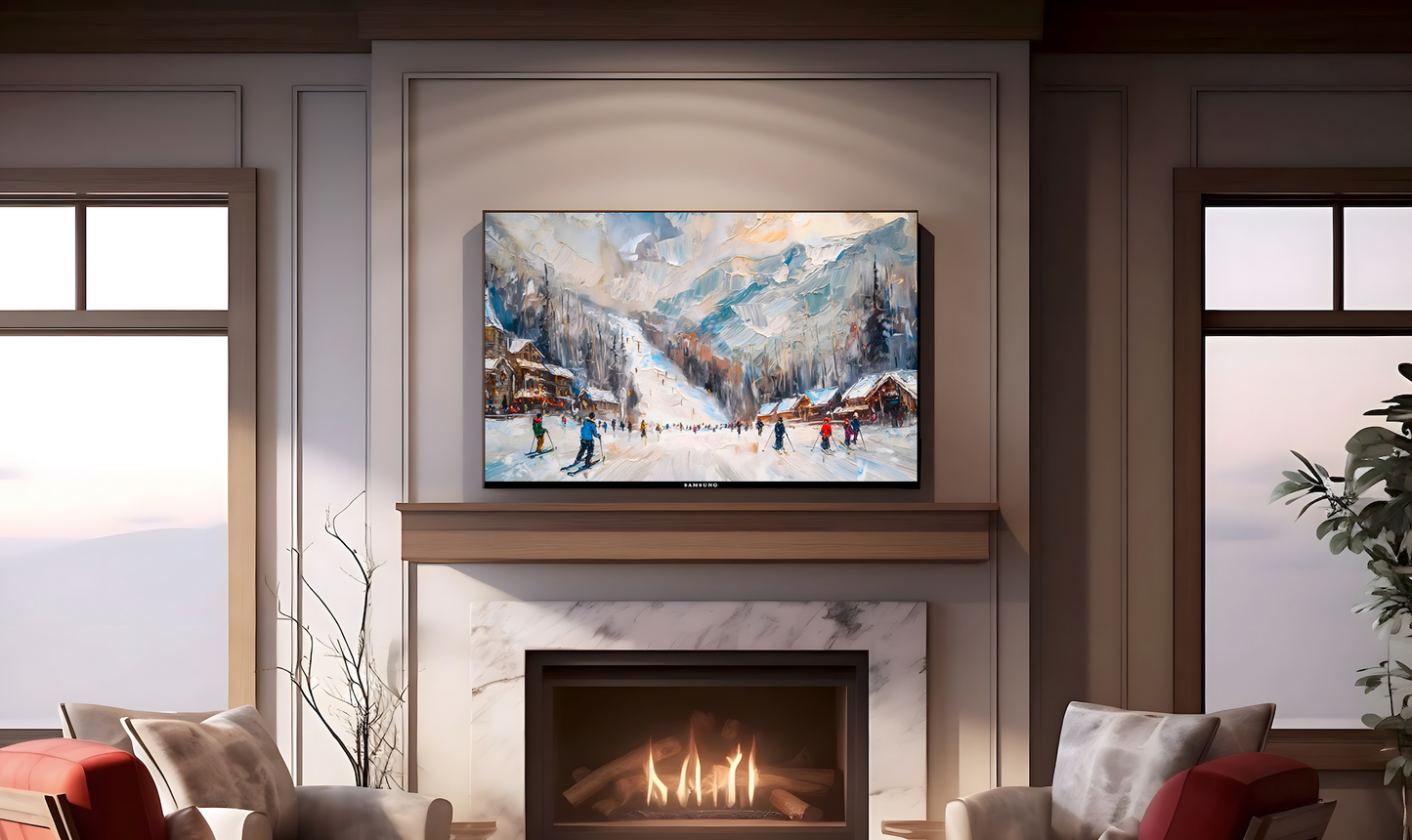 Vintage Vistas: Transform Your TV into a Textured Masterpiece. Frame TV Ski Hill Art, Vintage Winter Digital Download Art File, Ski Hill TV Art Frame, Winter Ski Scene Art for Frame TV