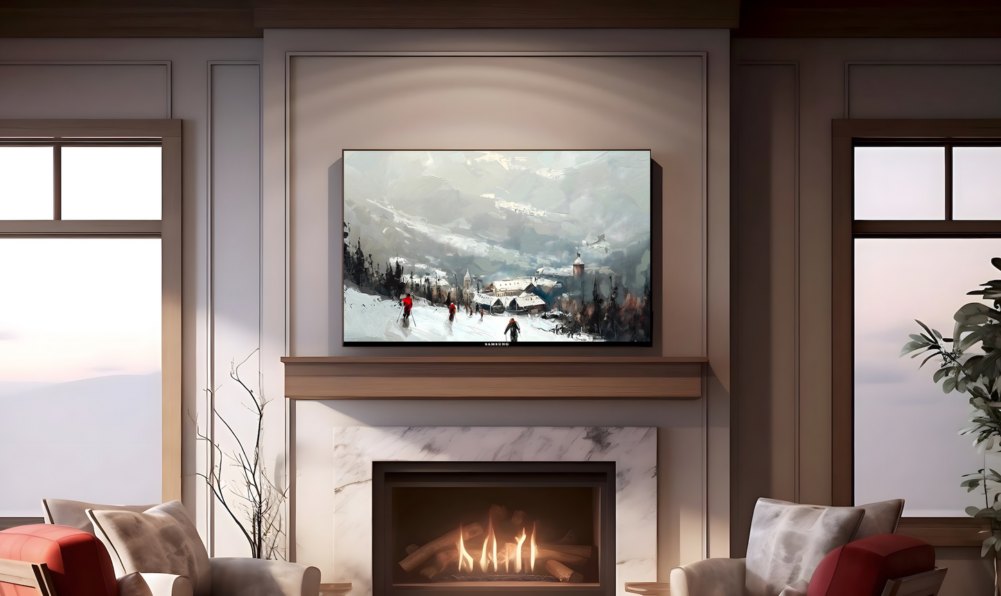 Vintage Vistas: Transform Your TV into a Textured Masterpiece. Frame TV Ski Hill Art, Vintage Winter Digital Download Art File, Ski Hill TV Art Frame, Winter Ski Scene Art for Frame TV