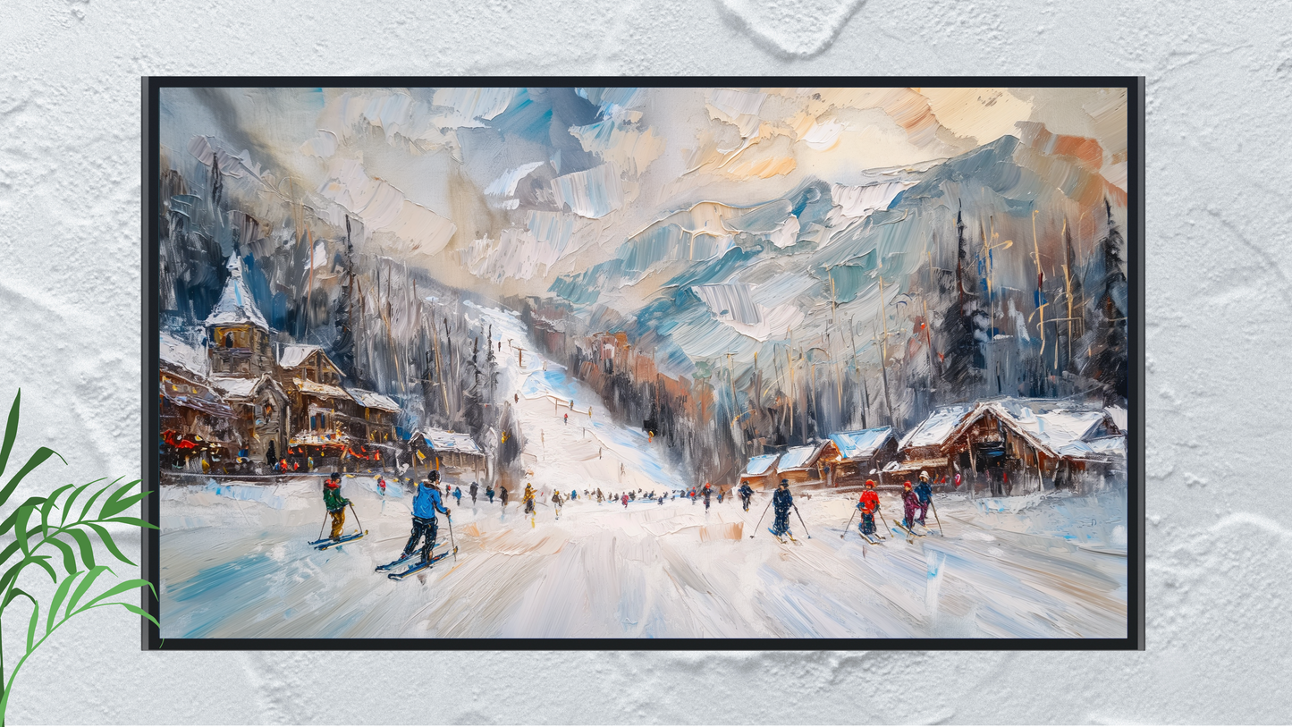Vintage Vistas: Transform Your TV into a Textured Masterpiece. Frame TV Ski Hill Art, Vintage Winter Digital Download Art File, Ski Hill TV Art Frame, Winter Ski Scene Art for Frame TV