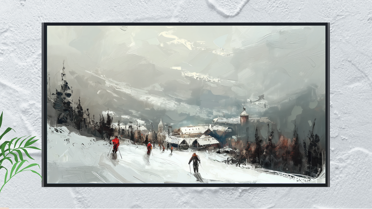 Vintage Vistas: Transform Your TV into a Textured Masterpiece. Frame TV Ski Hill Art, Vintage Winter Digital Download Art File, Ski Hill TV Art Frame, Winter Ski Scene Art for Frame TV