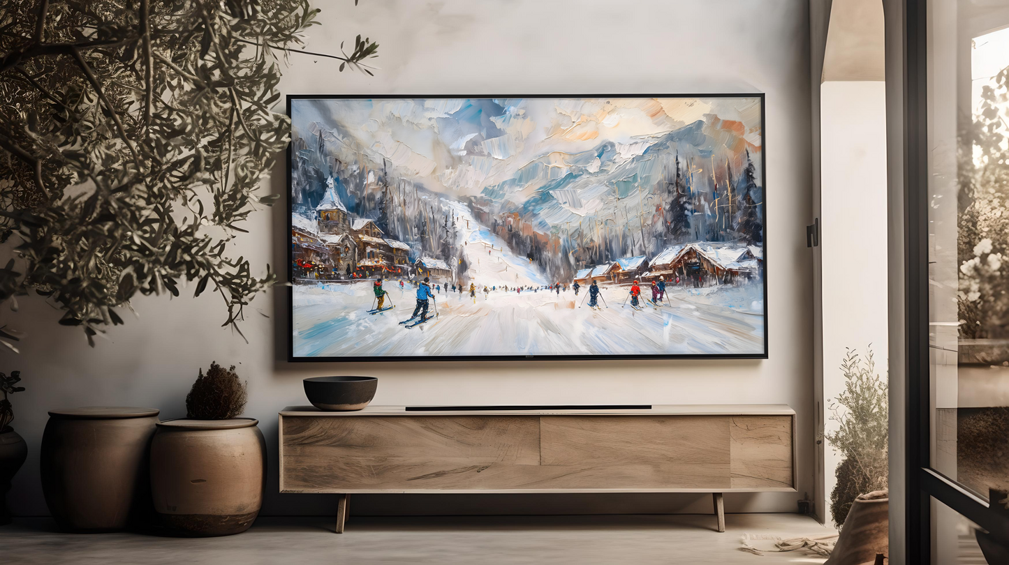 Vintage Vistas: Transform Your TV into a Textured Masterpiece. Frame TV Ski Hill Art, Vintage Winter Digital Download Art File, Ski Hill TV Art Frame, Winter Ski Scene Art for Frame TV