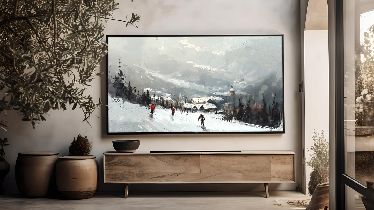 Vintage Vistas: Transform Your TV into a Textured Masterpiece. Frame TV Ski Hill Art, Vintage Winter Digital Download Art File, Ski Hill TV Art Frame, Winter Ski Scene Art for Frame TV