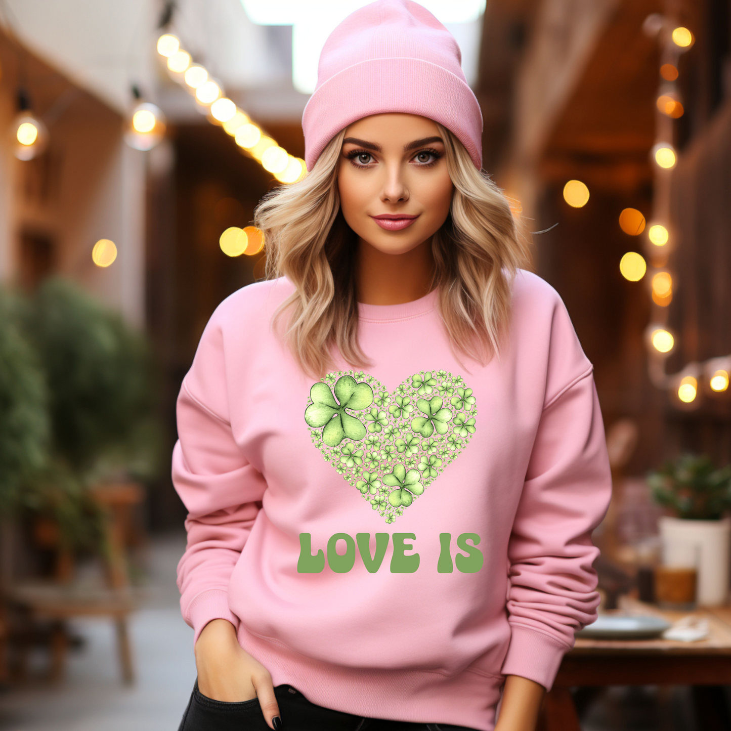 Embrace Love's Warmth: Introducing 'Love is' Gildan 18000 Sweatshirts - Whimsical Designs, Shamrock & Heart, Cozy Comfort, Thoughtful Sizing