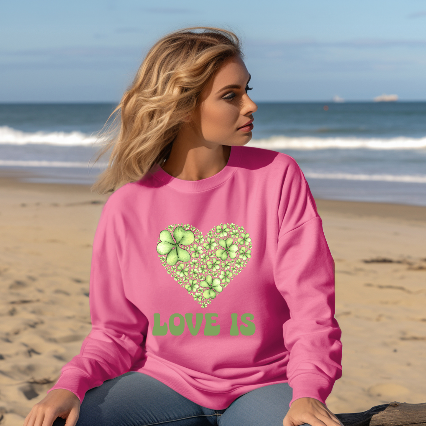 Embrace Love's Warmth: Introducing 'Love is' Gildan 18000 Sweatshirts - Whimsical Designs, Shamrock & Heart, Cozy Comfort, Thoughtful Sizing