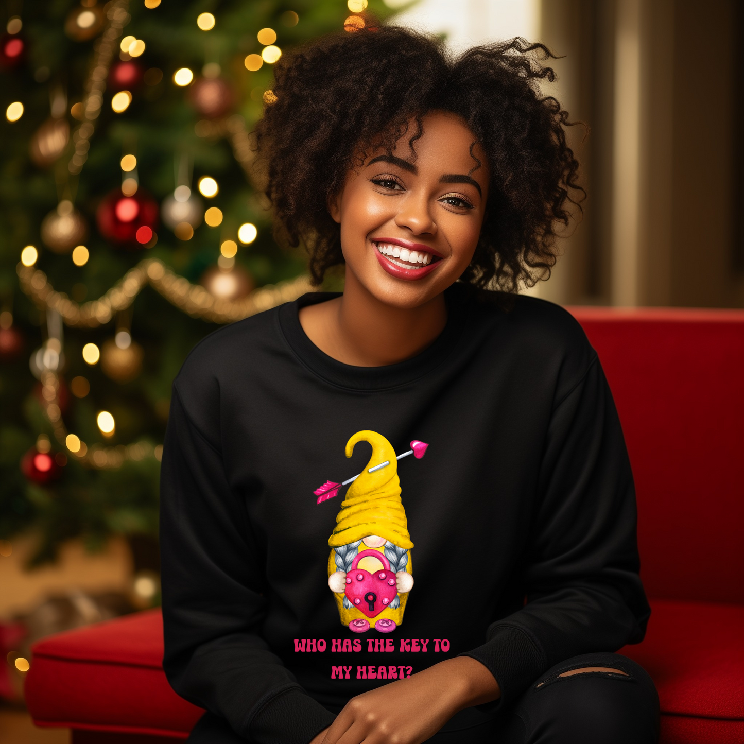 Embrace Love's Warmth: Introducing our Gnome with a Locked heart, 'Love is' Gildan 18000 Sweatshirts – Whimsical Designs, Cozy Comfort.