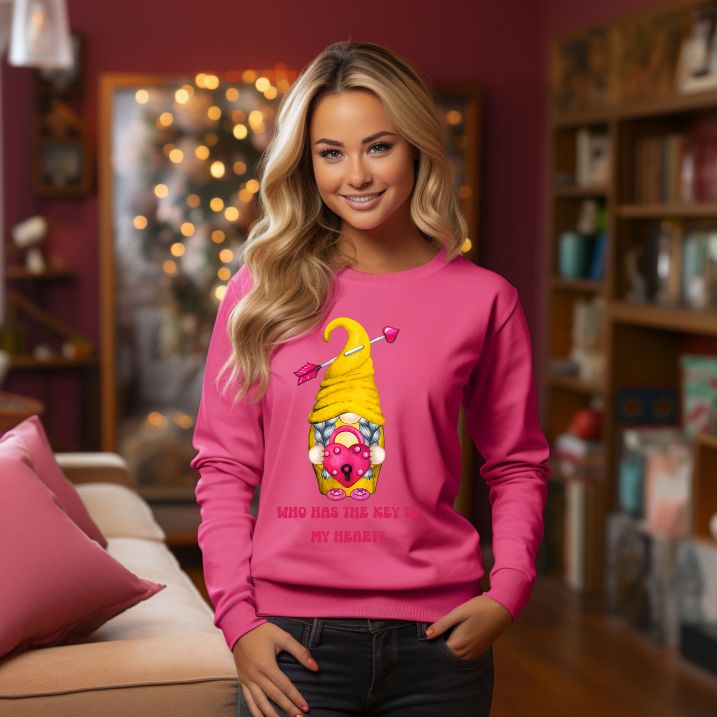 Embrace Love's Warmth: Introducing our Gnome with a Locked heart, 'Love is' Gildan 18000 Sweatshirts – Whimsical Designs, Cozy Comfort.