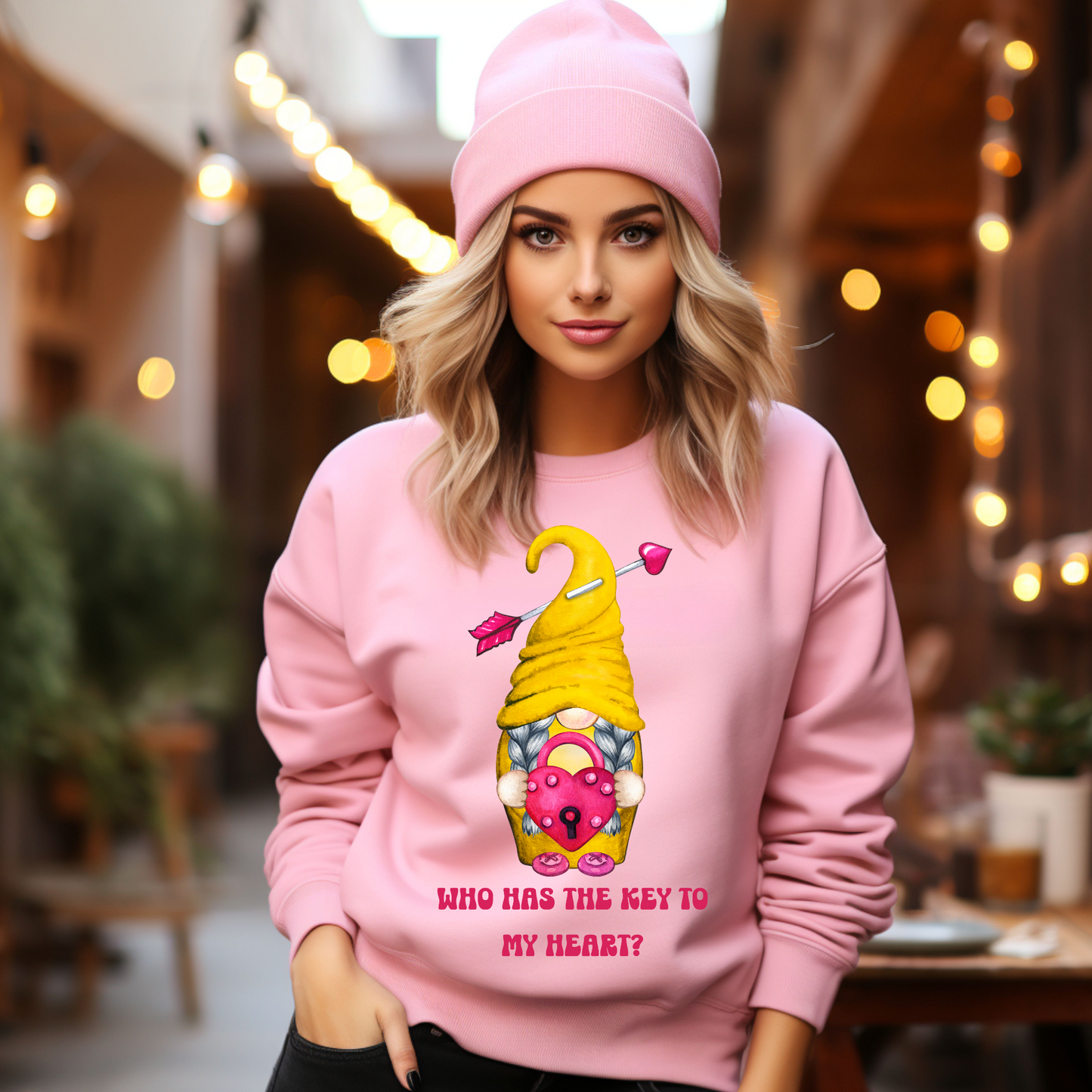 Embrace Love's Warmth: Introducing our Gnome with a Locked heart, 'Love is' Gildan 18000 Sweatshirts – Whimsical Designs, Cozy Comfort.