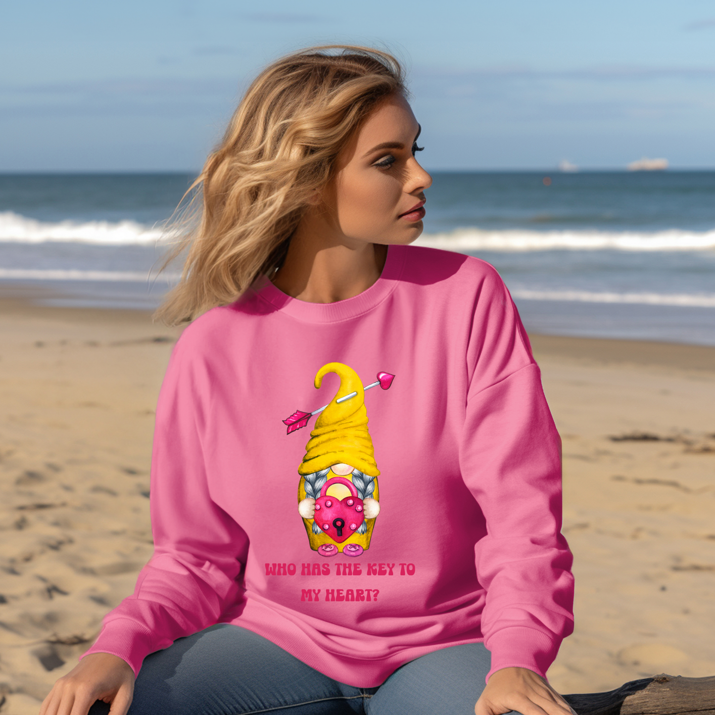 Embrace Love's Warmth: Introducing our Gnome with a Locked heart, 'Love is' Gildan 18000 Sweatshirts – Whimsical Designs, Cozy Comfort.