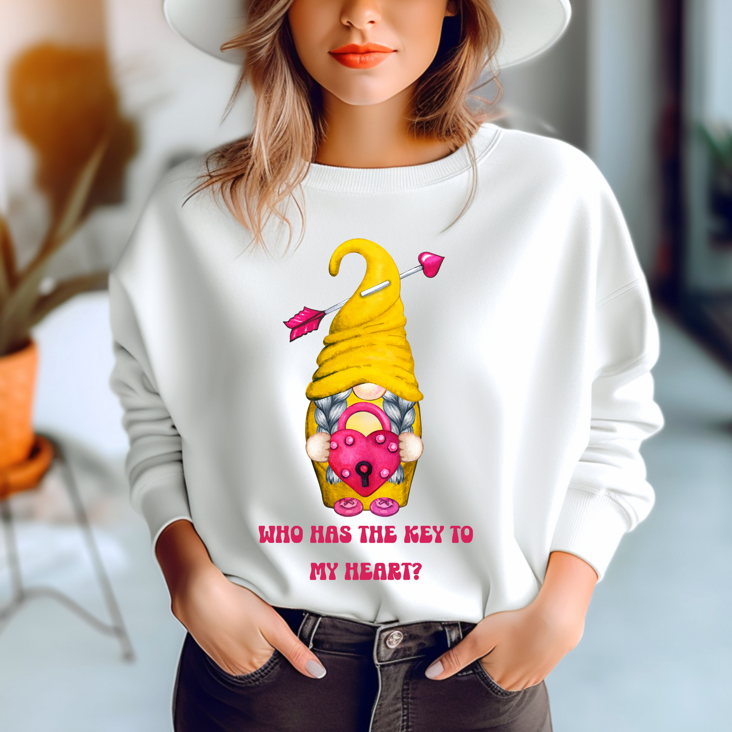 Embrace Love's Warmth: Introducing our Gnome with a Locked heart, 'Love is' Gildan 18000 Sweatshirts – Whimsical Designs, Cozy Comfort.