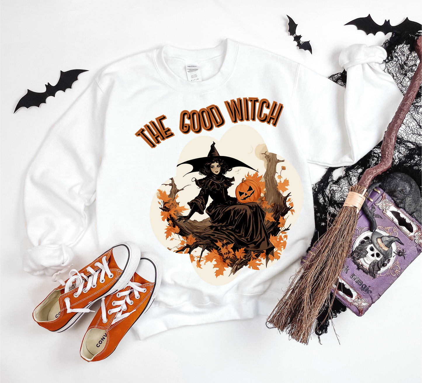 Explore our bewitching collection of Halloween sweatshirts, showcasing the mysterious allure of a witch on the front.