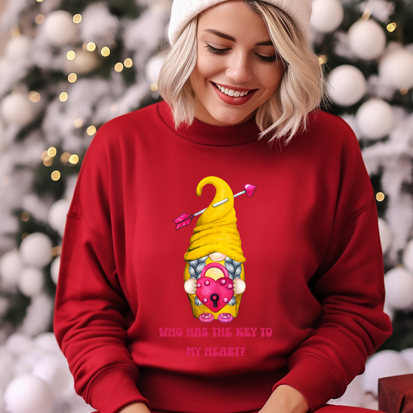 Embrace Love's Warmth: Introducing our Gnome with a Locked heart, 'Love is' Gildan 18000 Sweatshirts – Whimsical Designs, Cozy Comfort.