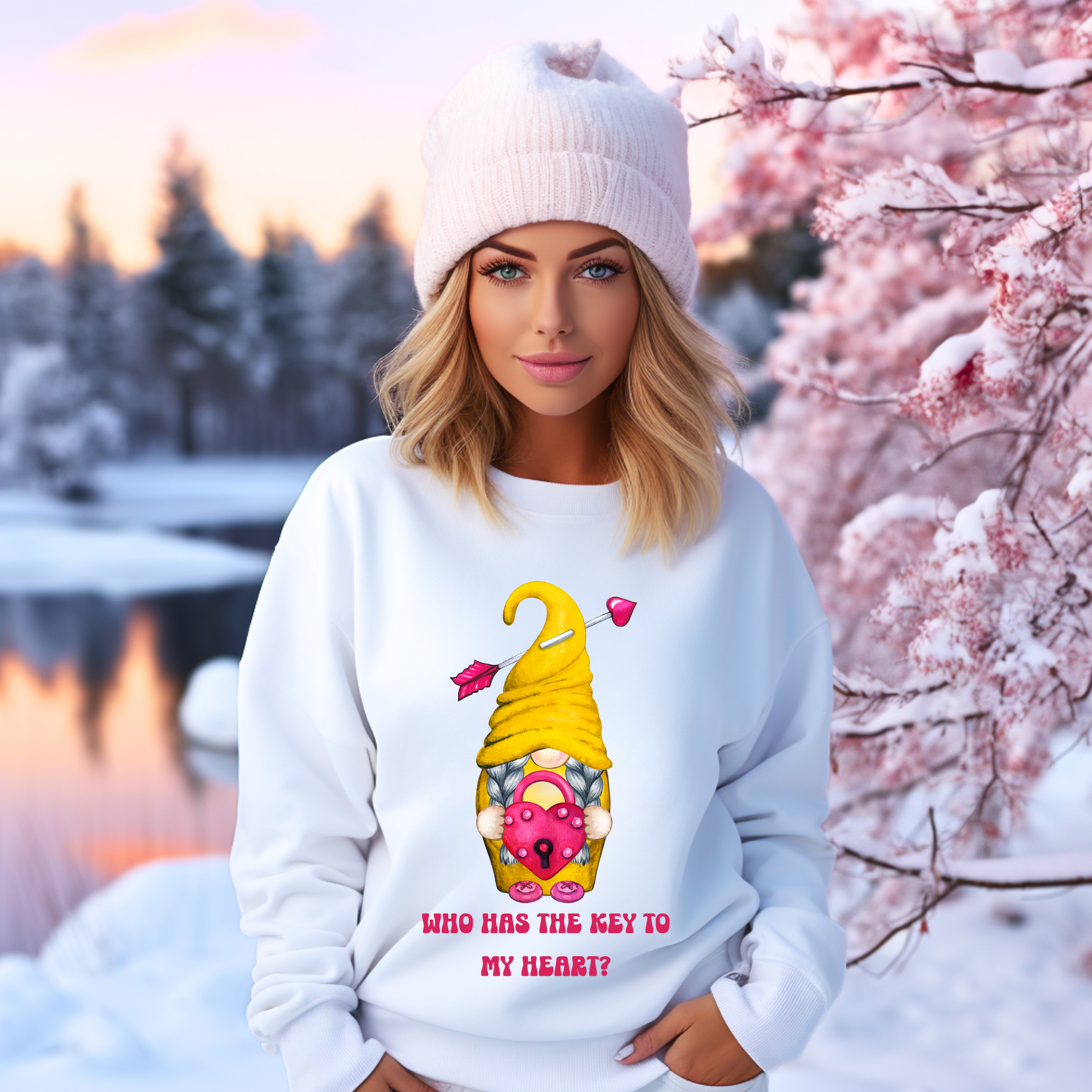 Embrace Love's Warmth: Introducing our Gnome with a Locked heart, 'Love is' Gildan 18000 Sweatshirts – Whimsical Designs, Cozy Comfort.