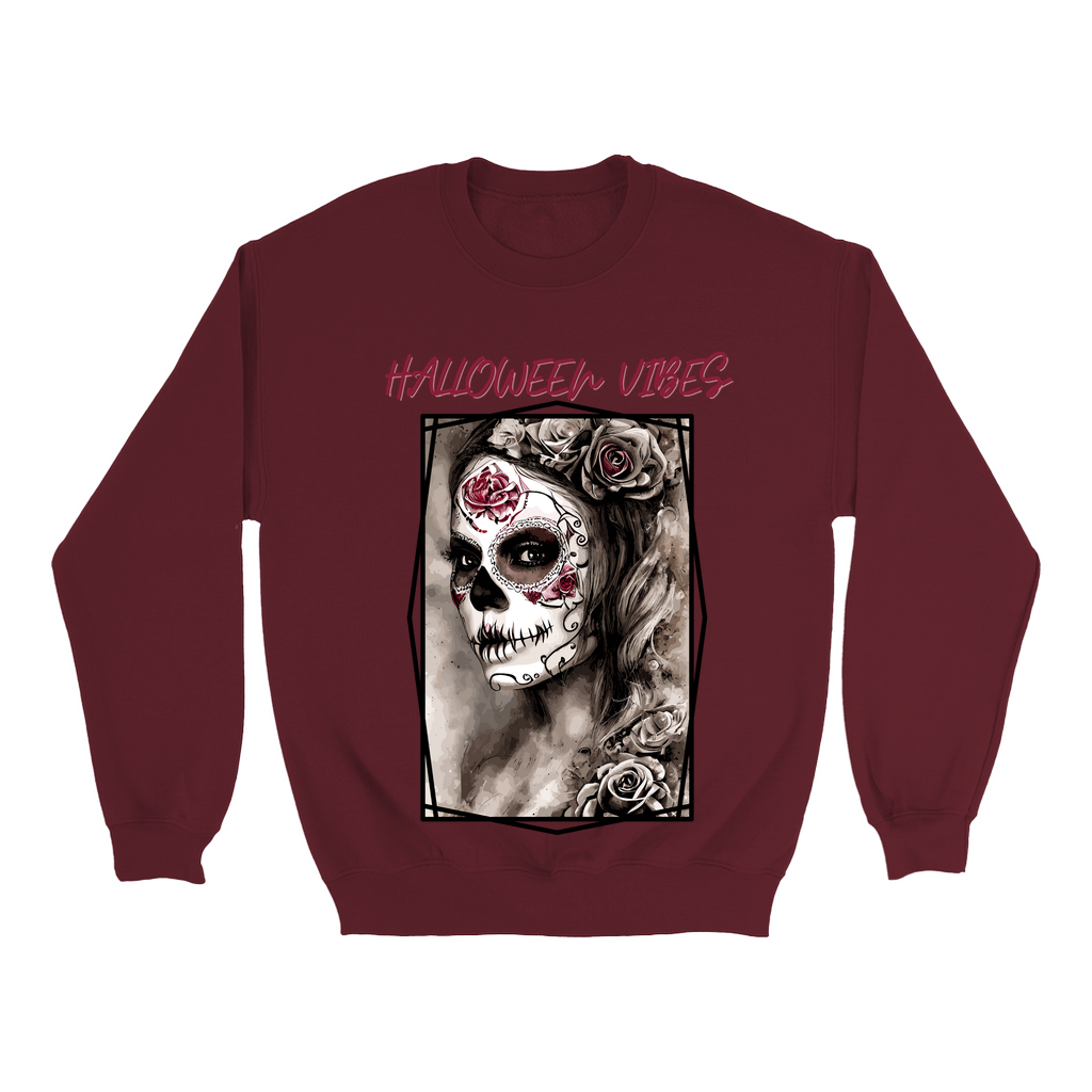 Explore our bewitching collection of Halloween sweatshirts, showcasing the mysterious allure of a Sugar-masked, Goth-style witch on the front.