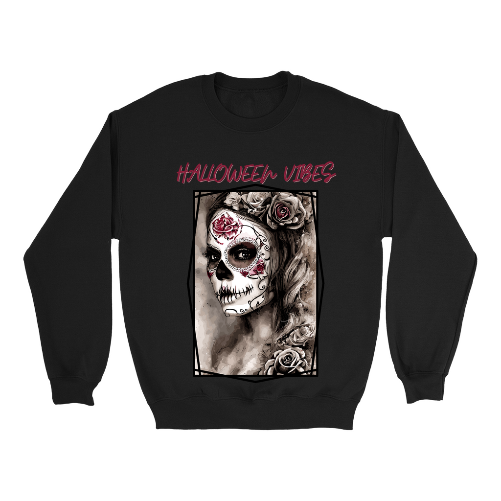 Explore our bewitching collection of Halloween sweatshirts, showcasing the mysterious allure of a Sugar-masked, Goth-style witch on the front.