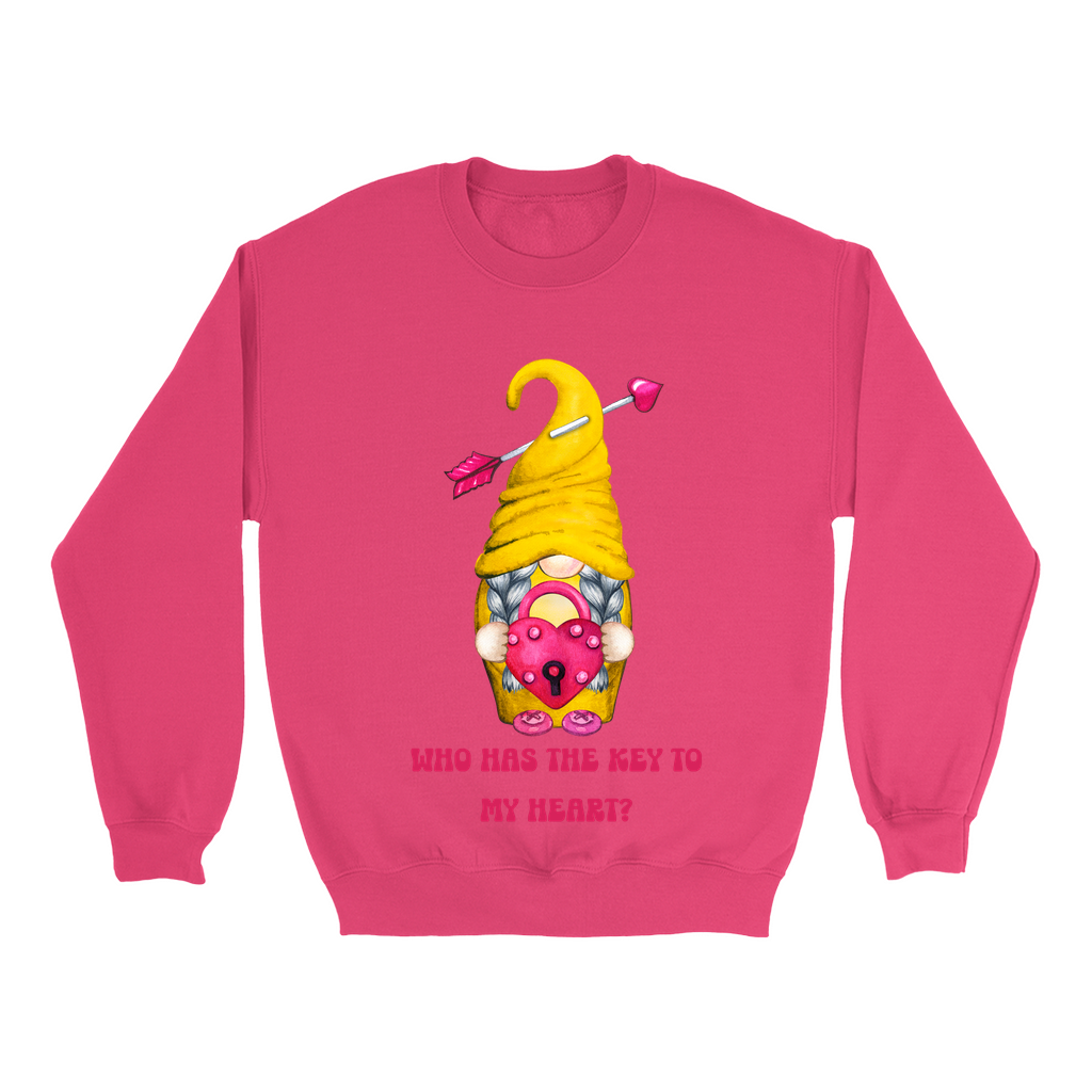 Embrace Love's Warmth: Introducing our Gnome with a Locked heart, 'Love is' Gildan 18000 Sweatshirts – Whimsical Designs, Cozy Comfort.