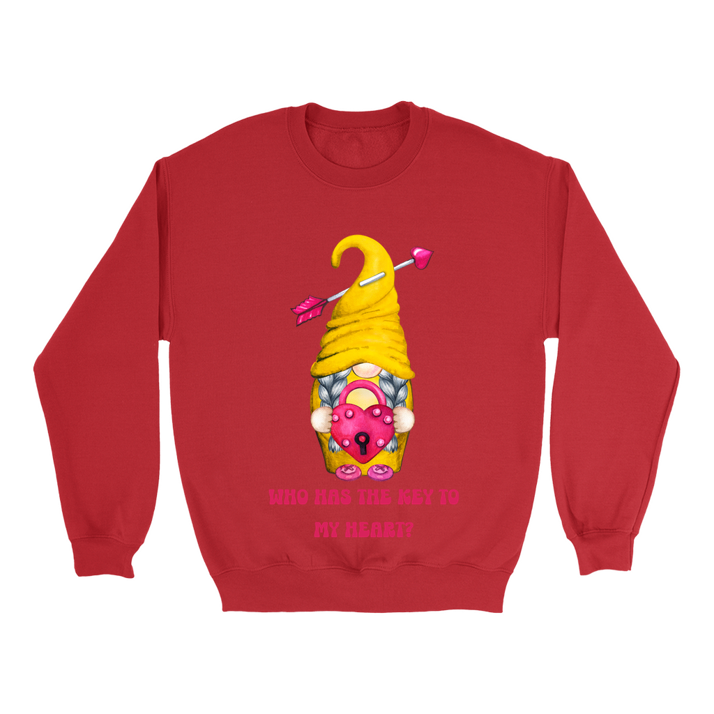 Embrace Love's Warmth: Introducing our Gnome with a Locked heart, 'Love is' Gildan 18000 Sweatshirts – Whimsical Designs, Cozy Comfort.